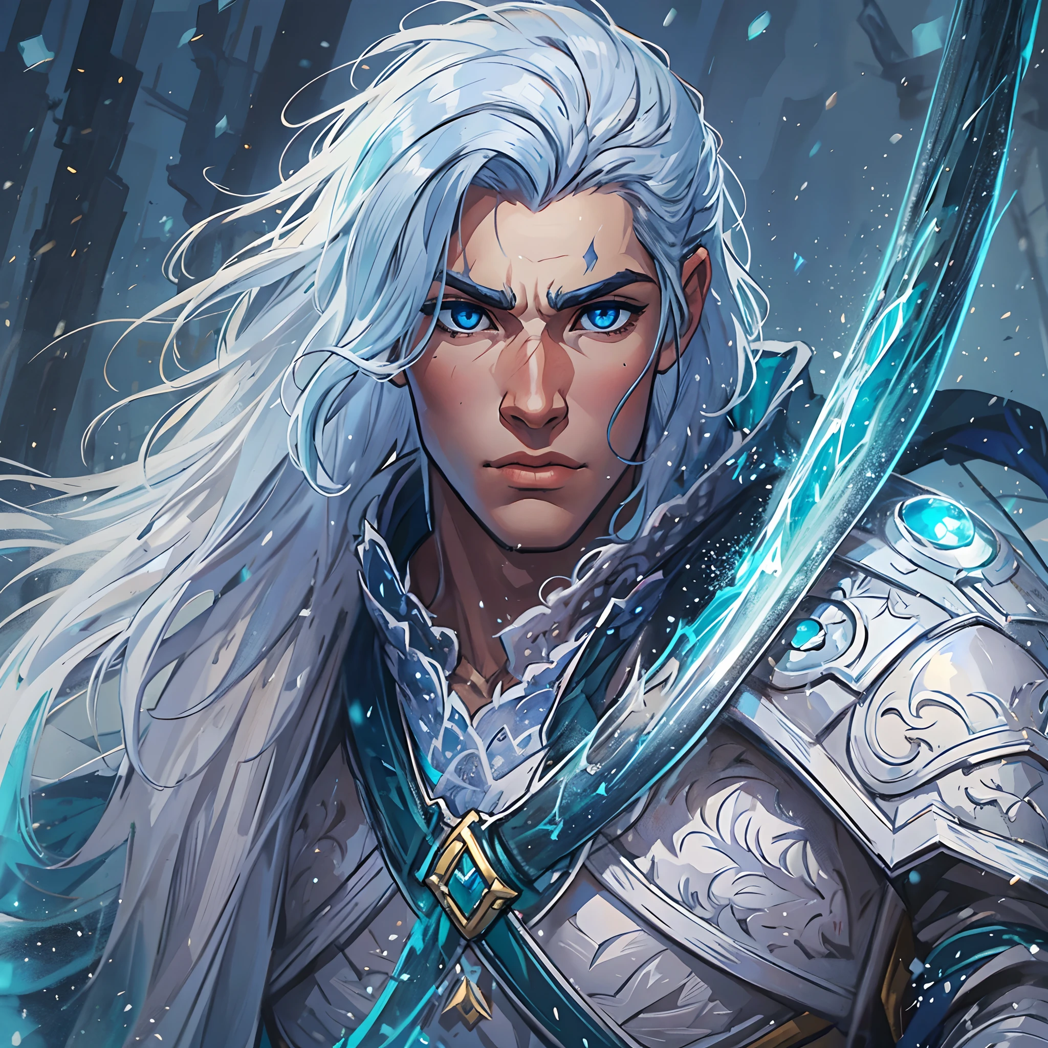 um jovem guerreiro, Um nobre cavaleiro, guerreiro de um reino vestindo ouro, armadura azul e branca;, uma armadura angelical, This warrior is young with ice powers, Um homem bonito com cabelos brancos lisos, your hair is of medium length at ear height like a Canal style haircut., tem cabelos brancos como a neve, He is a great warrior of a blue and white kingdom, His hair is of medium achievement and his eyes are blue as the ocean, He is from the Angelica family, Lights make up the image, juntamente com neve e um brilho branco, no fundo uma cidade de rpg durante um inverno enquanto neva, uma arte medieval para RPG