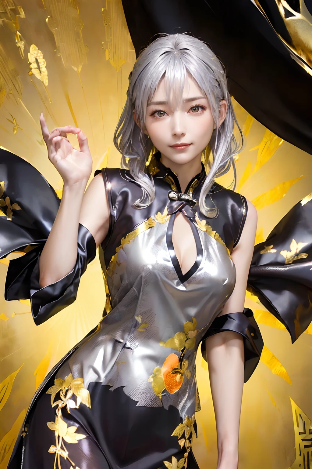 ((top-quality、8K、masterpiece:1.3)), (Cute pattern in gold leaf, Delicate workmanship, Black shiny cloth, Cheongsam trimmed in orange:1.5), Clear, Fine-grained skin、Beautiful clear eyes、cleavage of the breast、Carefree and natural smile、(Longhaire,Silver hair:1.5)、(Hair disheveled in the wind:1.3)、、Beautiful girl with a smile、(thin-waist:1.3)、(Dynamic and provocative poses:1.2)、