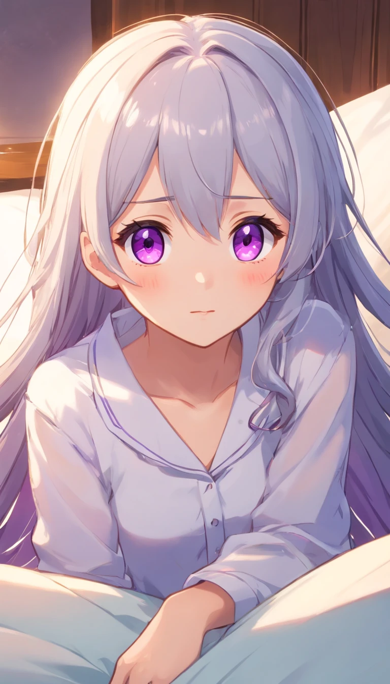 white long sleeve shirt，Shining purple eyes，[One is so cute，A girl that no one can see:1.5]、Cat ears，[A shy look:1.5]，Open white shirt，A cute loli，Barefoot，Look up at your head，Beautiful eyes，largeeyes，Cute faces in anime，long Grey hair，Lolita skirt，Rest in bed,[Spoiled children],
