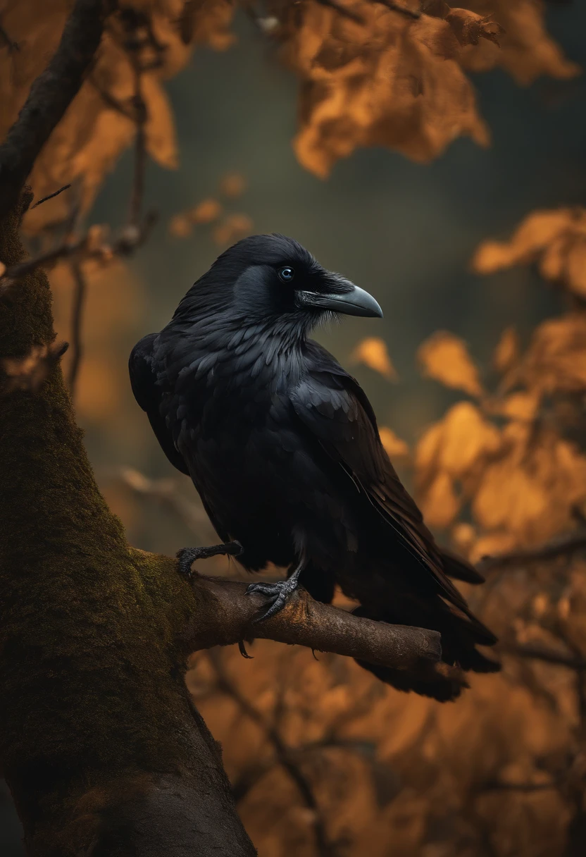 Create an image of the Lone Raven, perched in a tree, with tears falling from his sad eyes.