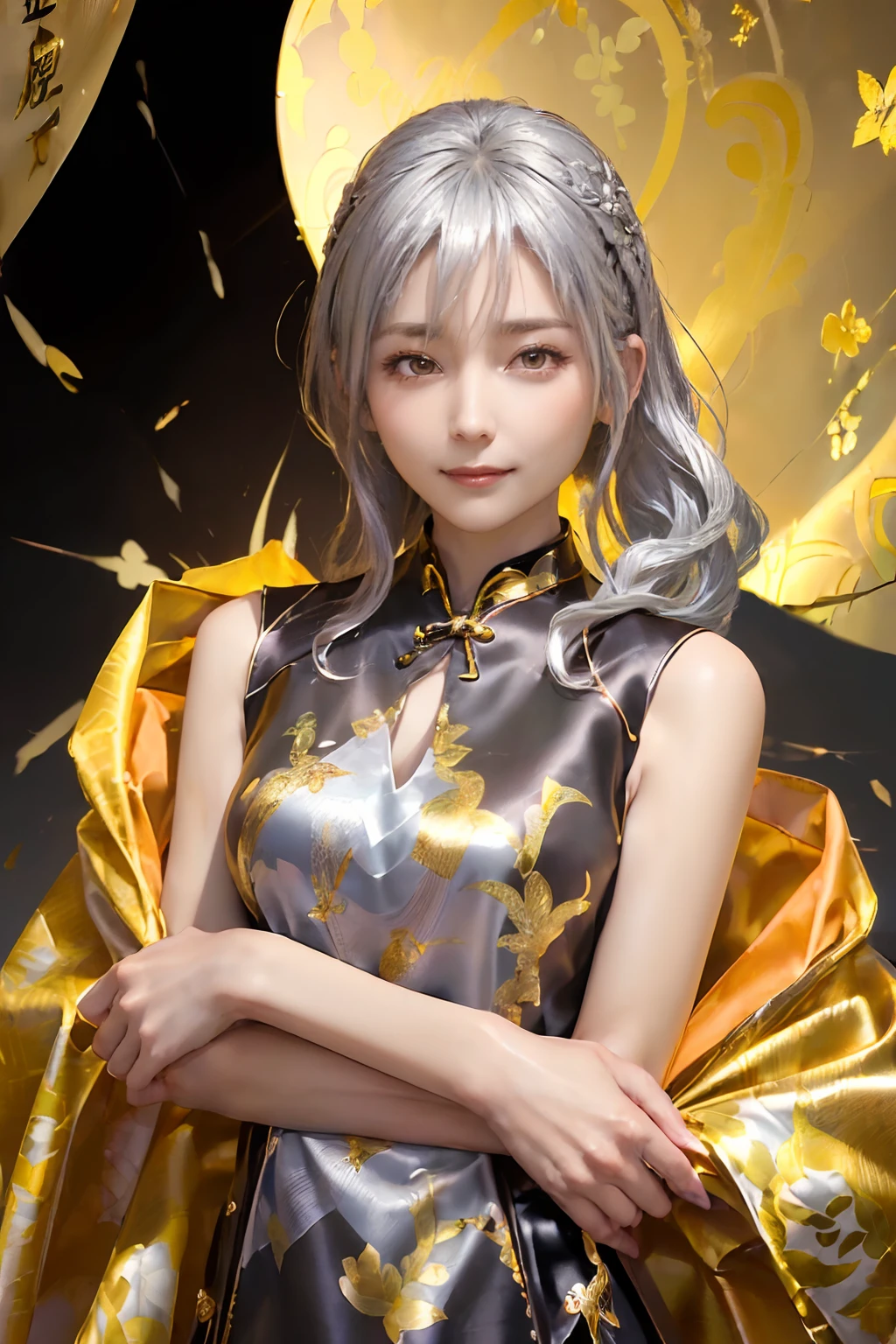 ((top-quality、8K、masterpiece:1.3)), (Cute pattern in gold leaf, Delicate workmanship, Black shiny cloth, Cheongsam trimmed in orange:1.5), Clear, Fine-grained skin、Beautiful clear eyes、cleavage of the breast、Carefree and natural smile、(Longhaire,Silver hair:1.5)、(Hair disheveled in the wind:1.3)、、Beautiful girl with a smile、(thin-waist:1.3)、(Dynamic and provocative poses:1.2)、