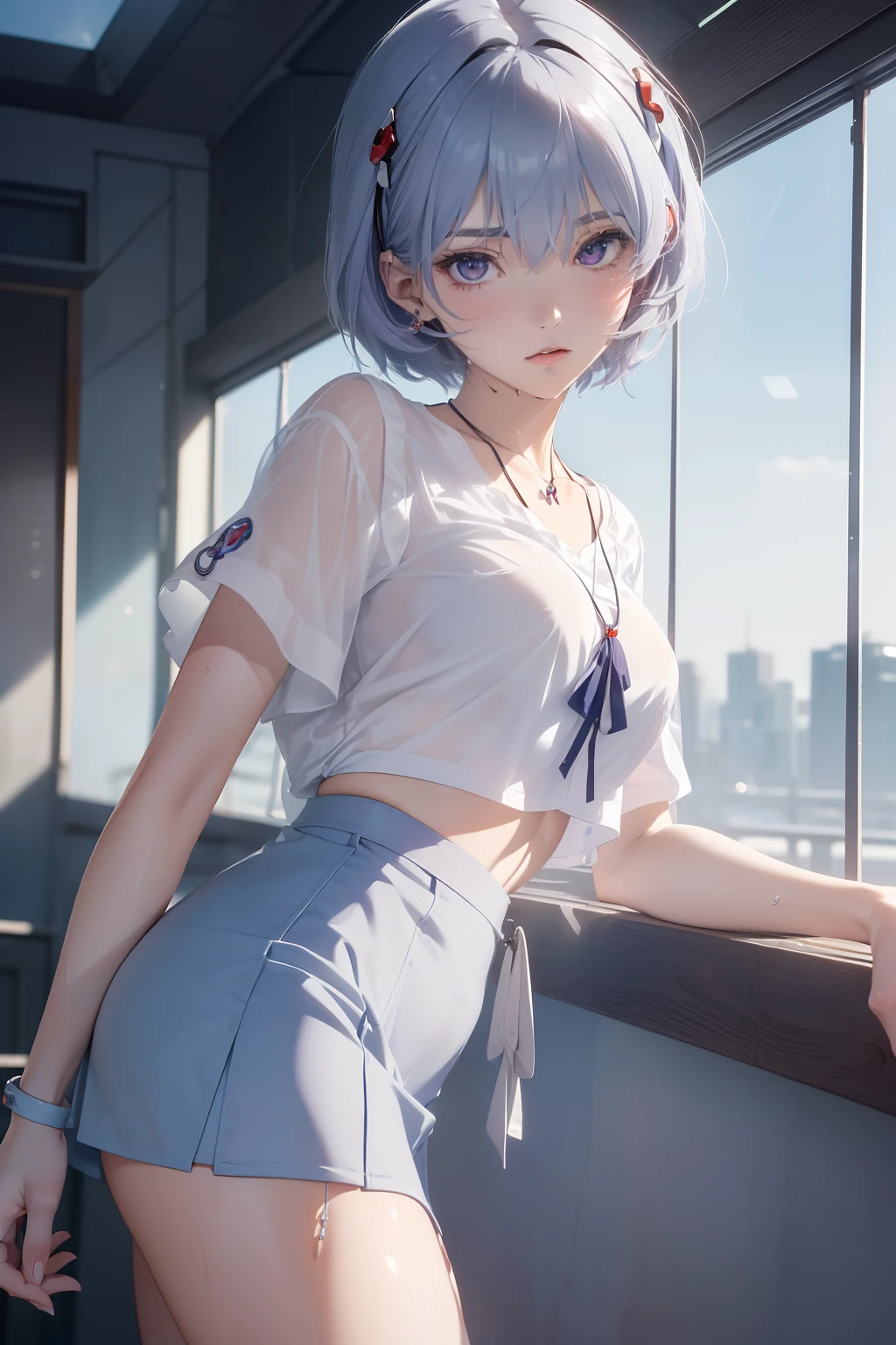 (masterpiece, best quality, ultra-detailed, 8k, wallpaper, photorealistic), ((perfect hands)), ((perfect anatomy)), ((large breasts)), long round legs, round ass, ((alluring anime girl)), ((Rei Ayanami)), ((capturing her ethereal beauty with pale wet skin, wet short indigo hair)), ((and bright crimson eyes that seem to hold a mysterious depth)), ((A pale blue or white hanging blouse)), ((a high-waisted mini skirt in a complementary color, such as a pale gray or light lavender)), ((A small pendant or charm necklace with an Evangelion reference can be a subtle nod to her character)), ((close-up shot)), ((dynamic background)), ((sensual pose))