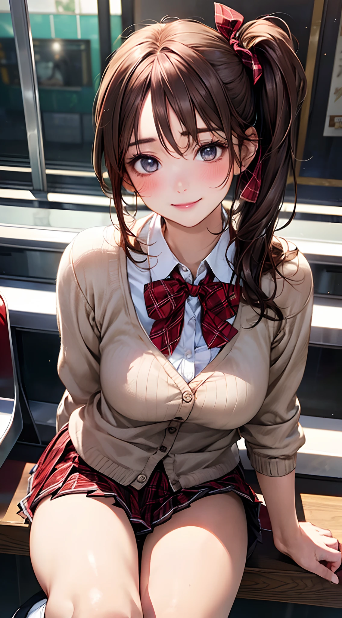 (masterpiece:1.2, top-quality), (realistic, photorealistic:1.4), beautiful illustration, NSFW,
looking at viewer, cowboy shot, front view:0.8,
1 girl, japanese, high school girl, light brown hair, (long hair:1.8), (side ponytail:1.7), bangs, hair between eye, blue eyes, large breasts:0.8, (thick thighs),
beautiful hair, beautiful face, beautiful detailed eyes, beautiful clavicle, beautiful body, beautiful chest, beautiful thigh, beautiful legs, beautiful fingers,
(beautiful scenery), dawn, amusement arcade, claw crane, upright enclosures, table enclosures,
((red blazer, pleated mini skirt, white socks, red private school uniform:1.2, light blown cardigan, red plaid pleated skirt, red plaid bow tie, red plaid hair ribbon)), pink panties,
(swollen), ((seductive posture: 1.2, attractiveness: 1.2)), (idle),
(erotic, sexy, upper eyes, smile), shiny skin,
perfect face, cute and symmetrical face, natural side lighting, movie lighting),
sitting chair,