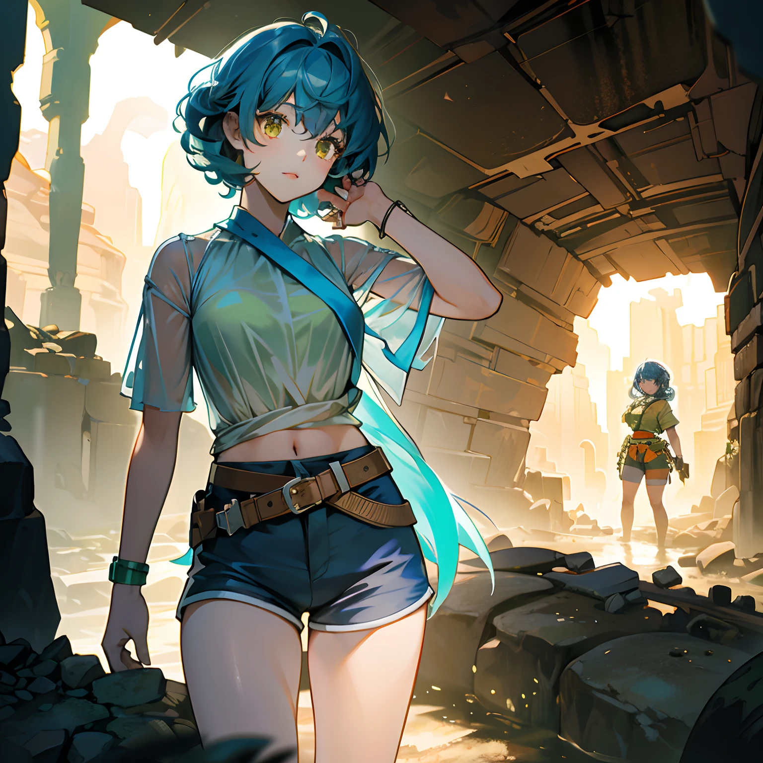 Bright lens: 1.3), epic realistic, Yellow eyes, Girl Raiders, (One girl), Light gray opaque short-sleeved top, Transparent waist fabric, Wavy curls 1.4, (Dark blue hair), Short hair, Dark blue and orange color scheme, (Light green shorts), The aesthetics of the wasteland and canyons!!! n Ruins, Soft cinematic light, Adobe Lightroom, darkroom, hdr, complexity, Green bracelet on the arm, A red gigi band on a transparent fabric at the waist, Thong under shorts
