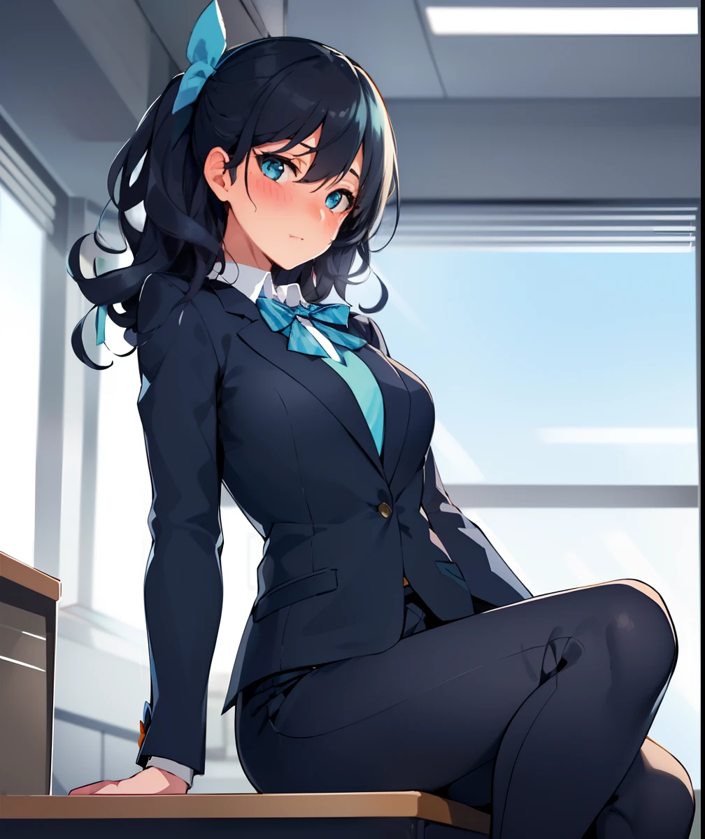 (solo, girl, friendly looking buisness woman), best quality, light blue, (buisness suit, light blue ribbon tie, bow tie in hair), black dyed hair, slightly curly hair, dark green eyes, medium bust, blushing, sitting ontop an office desk, natural lighting, high tech office environment, hands to on sides, leaning over desk