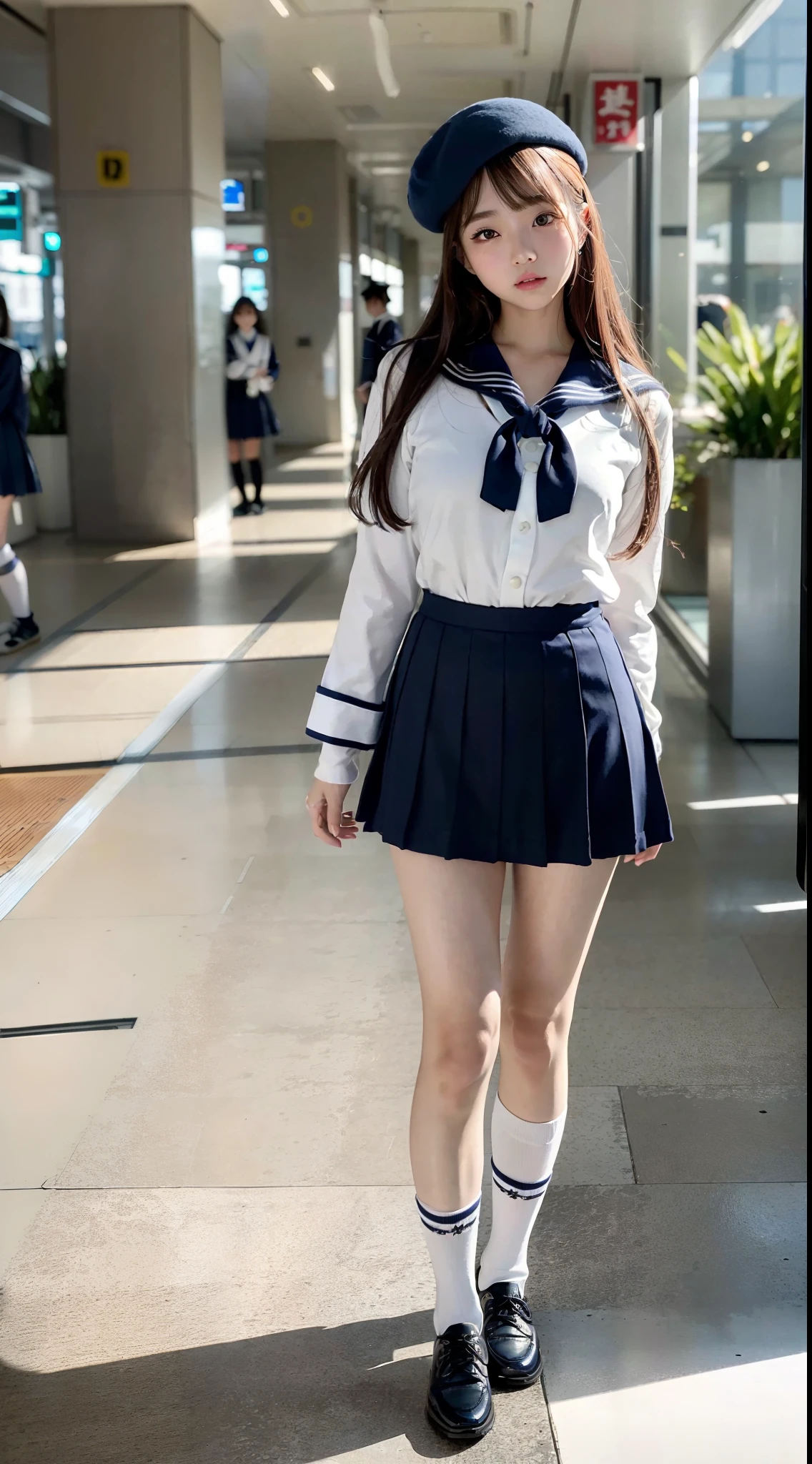 mix4, (16 K, Raw photography, Top image quality, masterpiece: 1.45), (realisitic, Photorealsitic: 1.37), one girls, 7.5, etc、No skin exposure due to clothing、well maintained、Random hairstyle、Standing figure,Morning time slot、a very cute,, profetional lighting, photon maping、physically-based renderingt, Gradient dark brown hair,Crisp backgrounds and high resolution, a handsome, Well-groomed and beautiful eyes、Large double eyelids、Very shiny、girl with, (((student clothes、Long sleeve sailor suit worn by Japan schoolgirl、Navy blue sailor color、scarf、a miniskirt, Small beret、high socks、lowfers))), Top Quality Photos, hight resolution, 1080p, (clearface), (Detailed face description), (Detailed hand description), (masterpiece), (Exquisite CG)、extreme light and shadows、dishevled hair、master work、abundant detail、(Fine facial features)、(top quality photo)、(masuter piece)、(A detailed eye)、Look in front of you、Fine clavicle、((Slender big))、(((Japan schoolgirl in sailor suit)))、((Beautiful face like an idol))、((Airport lobby、Before check-in、Airplane seen from the window))、(((neat and cute)))、耳Nipple Ring、A big smile、Drawing the whole body from the knees、Do not draw nasolabial folds、(((Cute sailor suit)))、(Big breasts that hang down big:1.2)、Big buttocks with tension、Two arms and two legs、(((from the front side:0.3)))、bare hand、No mask、