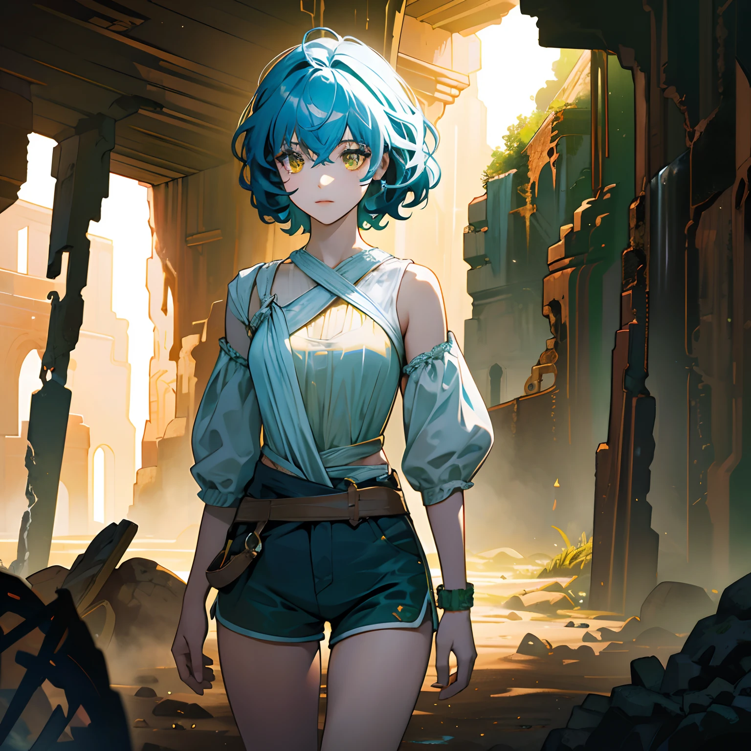 Bright lens: 1.3), epic realistic, Yellow eyes, Girl Raiders, (One girl), Light gray opaque short-sleeved top, Transparent waist fabric, Wavy curls 1.4, (Dark blue hair), Short hair, Dark blue and orange color scheme, (Light green shorts), The aesthetics of the wasteland and canyons!!! n Ruins, Soft cinematic light, Adobe Lightroom, darkroom, hdr, complexity, Green bracelet on the arm, A red gigi band on a transparent fabric at the waist, Thong under shorts