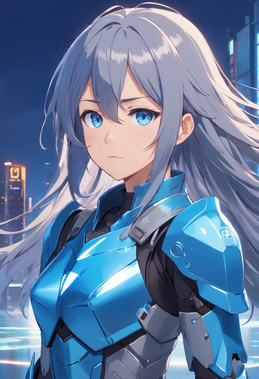 A girl with long gray hair wearing full-body armor、With blue-colored eyes with blue-colored eyes、Has a blank expressionless expression with sleepy eyes、Standing facing the front