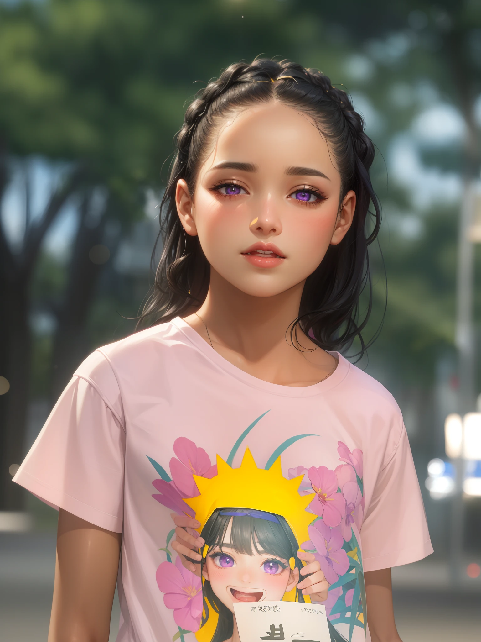 realistic, 1girl, black hair, purple eyes, bright eyes, cropped top, skirt, lips parted, blush, night, flowers, sun, sunlight,