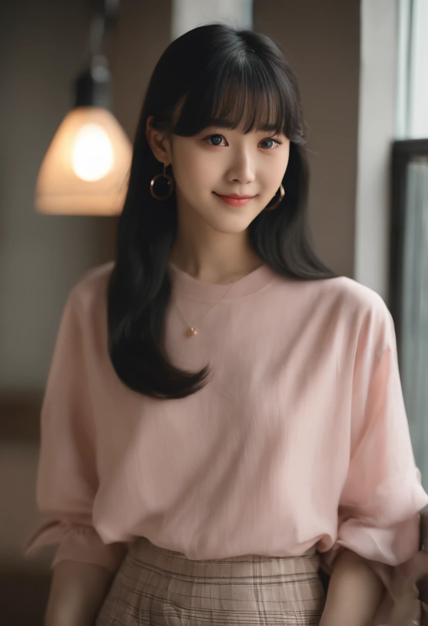 top-quality, Photorealsitic, masterpiece, 8K, Hi-Res, 独奏, 1girl, (((infp young woman))),sixteen years old、full bodyesbian、(small tits), ((Look at viewers)), (look at a camera), ((Various hairstyles close to long))、Perfect straight black hair、With bangs、 (profetional lighting), Highly detailed bright face、Gentle Japan girl、Nice smiling face、Pink T-shirt(long-sleeve)、Checked pleated skirt、Standing in the room