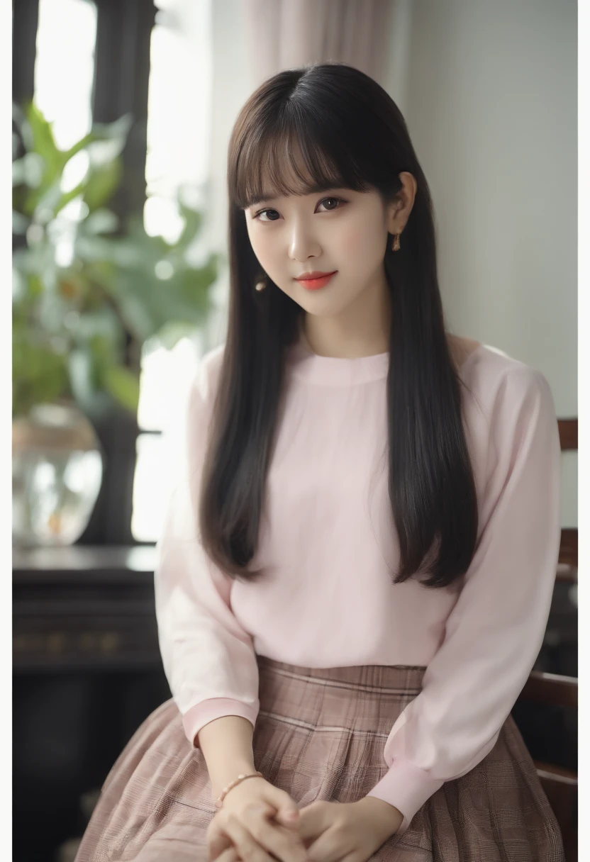 top-quality, Photorealsitic, masterpiece, 8K, Hi-Res, 独奏, 1girl, (((infp young woman))),sixteen years old、full bodyesbian、(small tits), ((Look at viewers)), (look at a camera), ((Various hairstyles close to long))、Perfect straight black hair、With bangs、 (profetional lighting), Highly detailed bright face、Gentle Japan girl、Nice smiling face、Pink T-shirt(long-sleeve)、Checked pleated skirt、Standing in the room