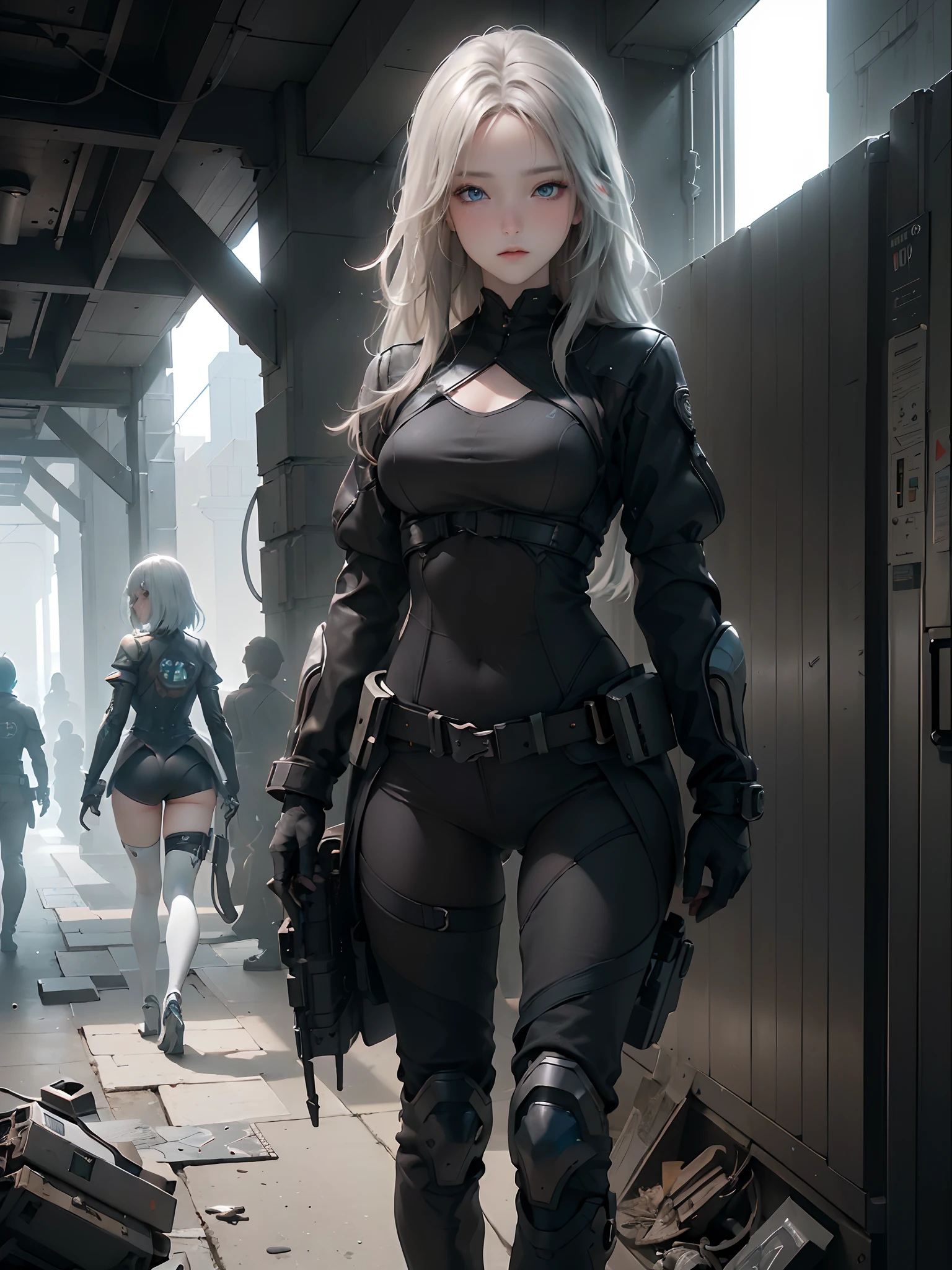 ((top-quality)), (((​masterpiece)), (detaileds: 1.4), 3D, Beautiful Cyberpunk Woman Image, bob cuts, Broken black tights, leather clothes, Electromechanical, nffsw(HighDynamicRange), Ray traching, NVIDIA RTX, Hyper-Resolution, Unreal 5, Sub-surface scattering, PBR Texture, Postprocess, Anisotropy Filtering, depth of fields, Maximum sharpness and acutance, Multilayer Texture, Albedo and Highlight Maps, Surface Coloring, Accurate simulation of light-material interactions, perfectly proportions、octane renderings、two tone lighting、Large aperture、Low ISO、White Balance、thirds rule、8K Raw、​masterpiece、top-quality、(8k extremely detailed CG unit wallpaper)(top-quality)、(The best illustrations)、(Best Shadows), innocent blue eyes, long hair, body swimsuit