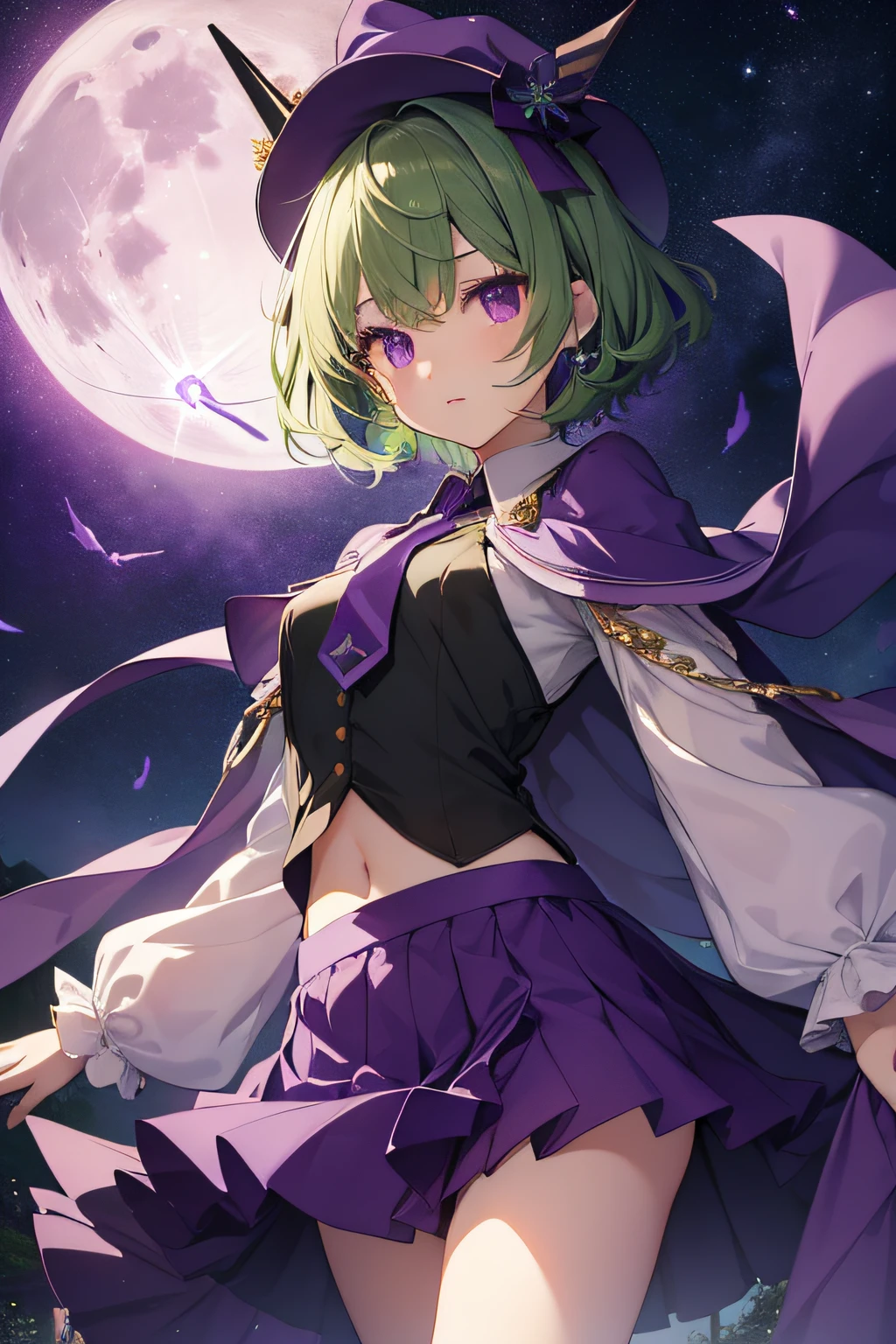 top-quality、extremely delicate and beautiful、(A girl)、Purple Eye、Green hair、short-haired、(Purple pointy hat)、Purple tie、Soio、shortsleeves、Purple skirt、Purple Wizard Robe、Navel、is standing、Full moon night on background