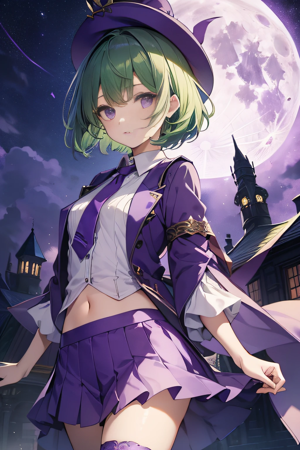 top-quality、extremely delicate and beautiful、(A girl)、Purple Eye、Green hair、short-haired、(Purple pointy hat)、Purple tie、Soio、shortsleeves、Purple skirt、Purple Wizard Robe、Navel、is standing、Full moon night on background