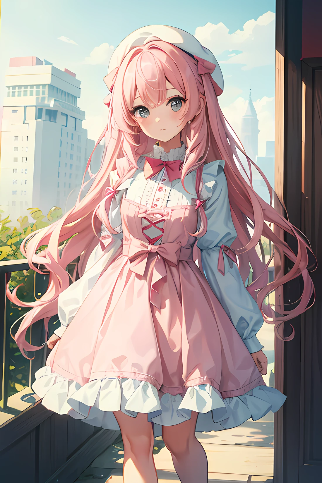 1girl, cute, innocent, sweet, shy, long wavy pastel pink hair, half up and half down hairstyle with bow, wearing a red beret, knee-high white dress with frills and lace but no buttons, no background, absurdres, high res, ultrasharp, 8K, masterpiece, looking at viewer, standing