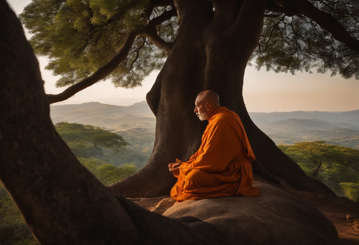 Present the image of the Monk sitting under the tree, olhando gentilmente para o Corvo e fazendo a pergunta crucial: "Why are you crying?