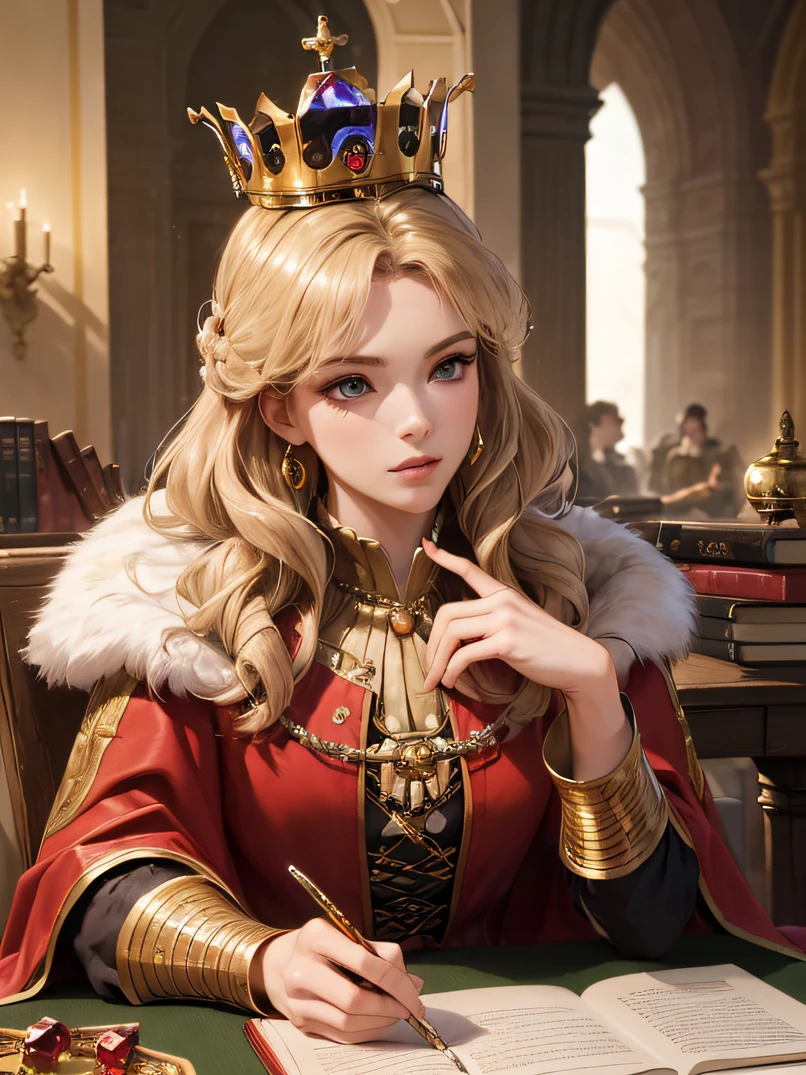 (top-quality、masuter piece:1.3)、reallistic、Realistic、cowboy  shot、analog style、face lights、Stunning portrait of a beautiful woman、1人の女性、((Warrior Queen Armor、Fur-lined cape、Luxurious red cloak、Golden crown adorned with precious stones))、Serious、glistning skin、Blonde Beauty、Blue eyes、Sharp eyes、hyperdetailed face、A detailed eye、slim figure、desk work、Lots of books、Write in a note、Detailed hand depiction、Soft stool、Gothic study of a medieval palace、Look at viewers