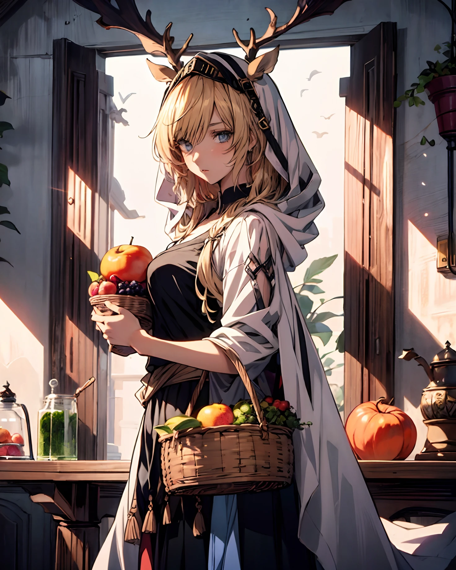 A woman in traditional dress holds a basket of fruits, Bohemian style | | very anime!!!, Guviz-style artwork, Detailed digital anime art, offcial art, detailed anime art, clean and meticulous anime art, Beautiful anime artwork, Beautiful anime art, Detailed anime artwork, Guviz, Traditional beauty, beautiful anime art style, Oriental art style