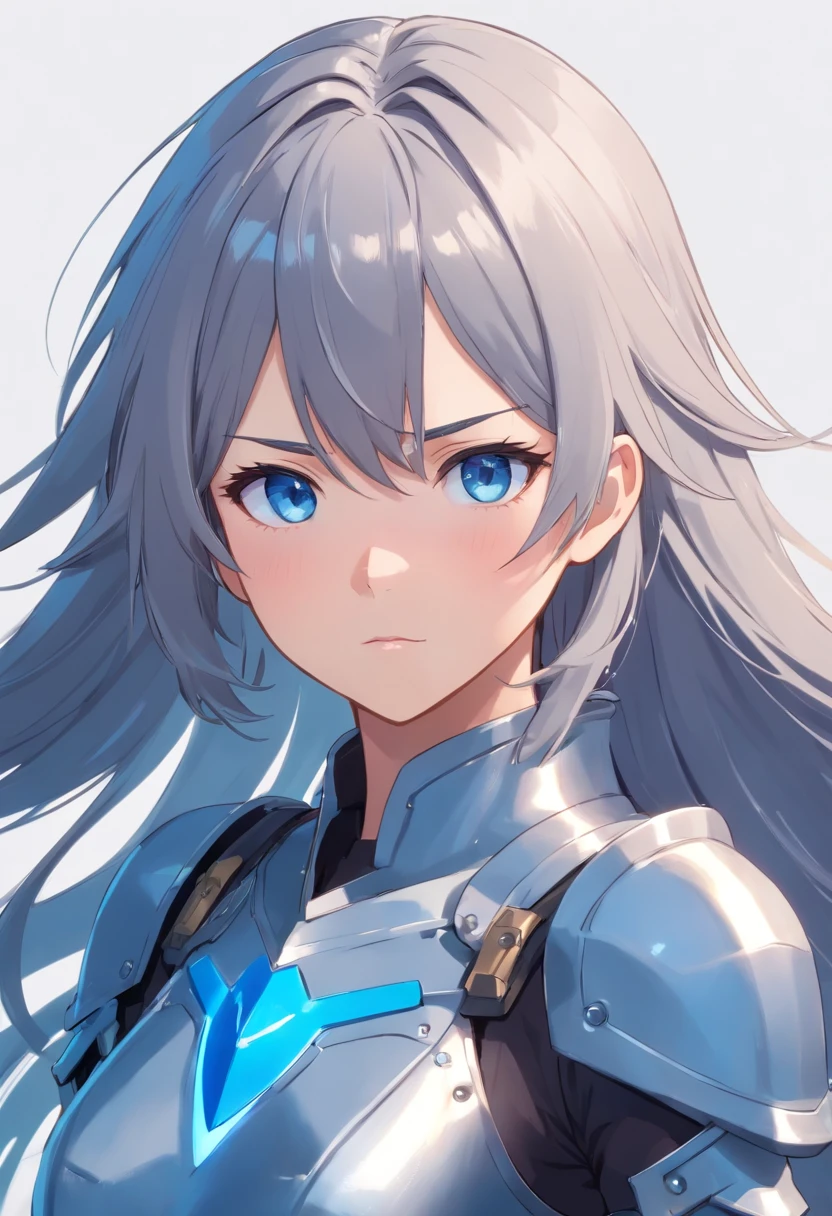 full bodyesbian、Long gray hair girl in armor、With blue-colored eyes with blue-colored eyes、Has a blank expressionless expression with sleepy eyes、Standing facing the front