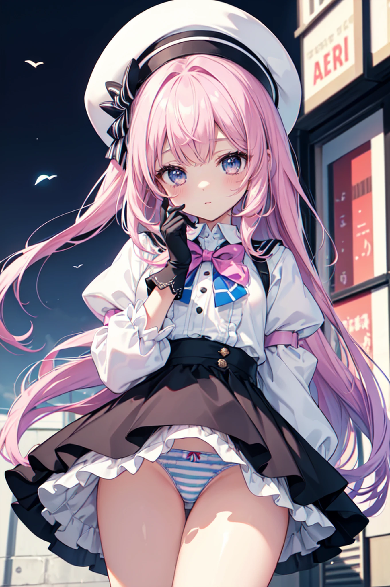 (best quality, 8k, masterpiece:1.2, nsfw,ultra-detailed,realistic,photorealistic),Cutest,Cute girl,solo,mesugaki,Beautiful face,Beautiful eyes,Beautiful hair,Beautiful skins,skin whitening, light skinned.
beret, hair bow, striped bow, sailor collar, white jacket, bowtie, long sleeves, layered sleeves, half gloves, asymmetrical gloves, mismatched gloves, black gloves, white gloves.
Blue and Pink Lined,White skirt.
Tucking up the skirt,Show panties.
(String panties,Lace ruffled panties,Beautiful embroidered panties).
Panties focus,From below looking up,break,Lots of colorful flowers,break,