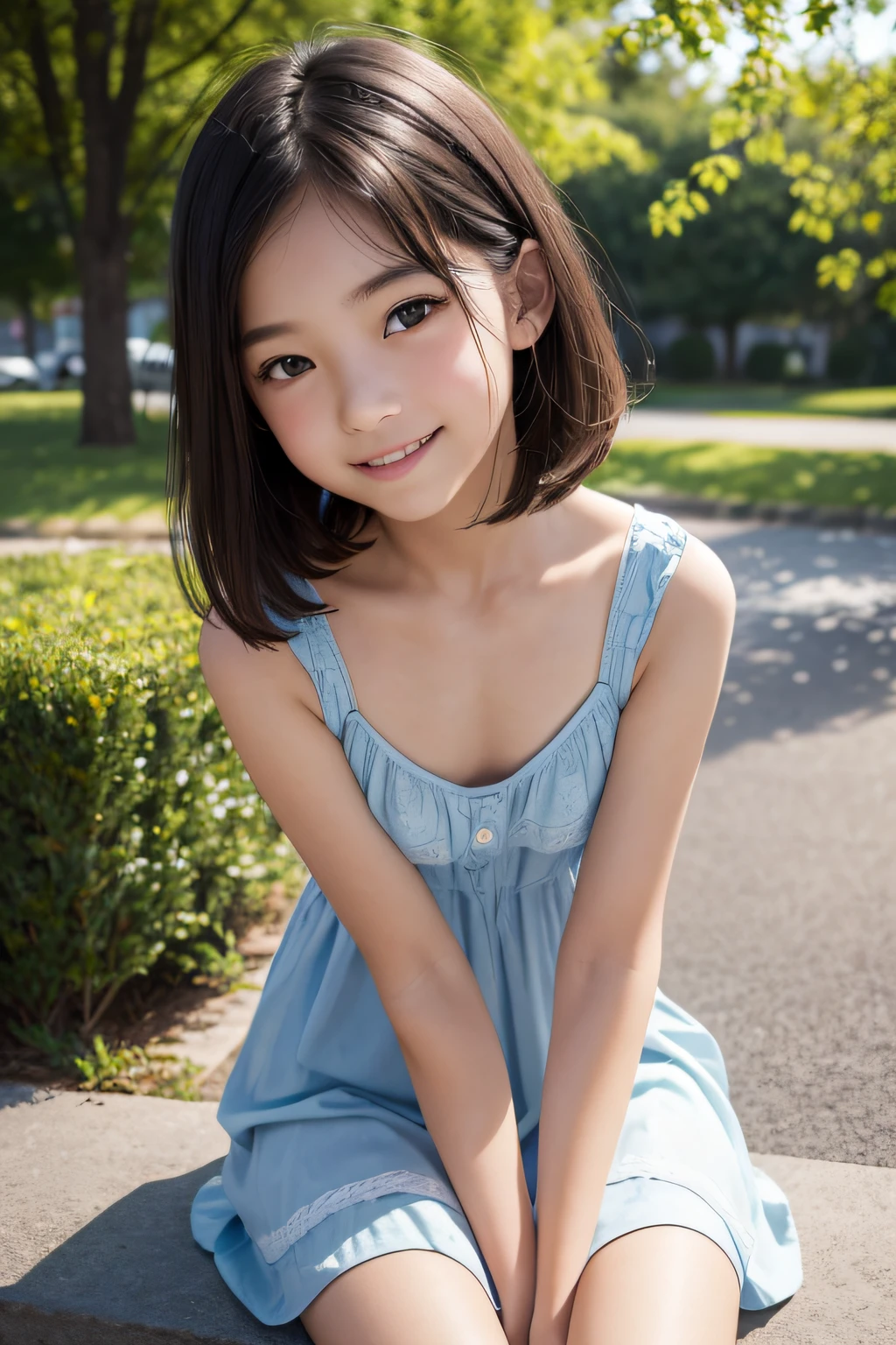 超A high resolution, Best Quality, Detailed face, AW photo high ,Facing up、((pretty))、lovely、 High nasal muscles、Smile, small tits、 a park, Realistic face, (())、Smile, a park, Low contrast, Soft cinematic light, Soft cinematic light, short-hair, bobhair、 Cute face, Smile, Black hair, 12 year oldmale children))、Summer, Drele dress, Dynamic Side ,Perfect 、detailed hairs, (1girl in )、looking at the viewers,Body in front