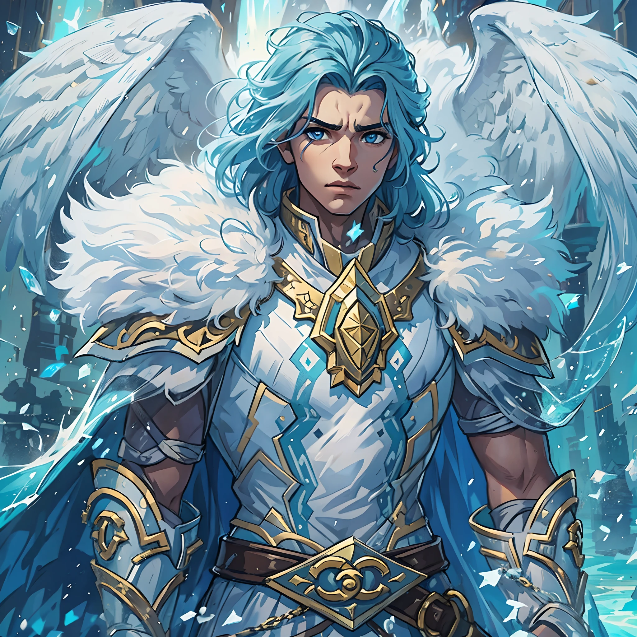 um jovem guerreiro, Um nobre cavaleiro, guerreiro de um reino vestindo ouro, armadura azul e branca;, uma armadura angelical, This warrior is young with ice powers, Um homem bonito com cabelos brancos lisos, her hair is short at ear length like a Chanel style haircut., tem cabelos brancos como a neve, He is a great warrior of a blue and white kingdom, His hair is of medium achievement and his eyes are blue as the ocean, He is from the Angelica family, Lights make up the image, juntamente com neve e um brilho branco, no fundo uma cidade de rpg durante um inverno enquanto neva, uma arte medieval para RPG