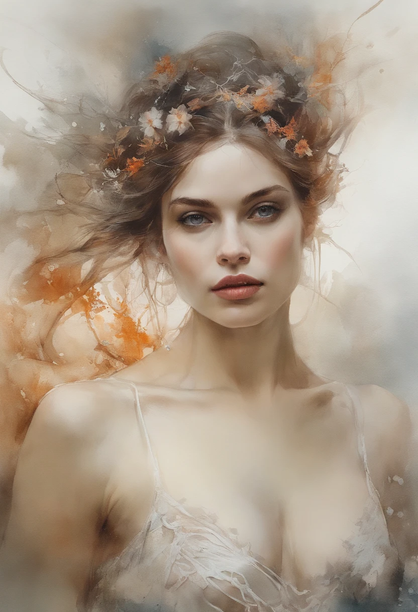 bra, poitrine, clivage, enchanteur, ethereal, mystique, Otherworldly, celestial, futuriste.Belle fille aquarelle avec des gros seins blancs comme neige, Art stations, concept art, illustrations de Carne Griffiths et Wadim Kashin