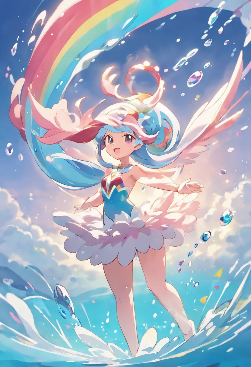 A poignant ultra-high-definition 3D scene showing Milotic dancing with her serpemte body while using her jet of water to create a rainbow above her head in a tranquil lake. Milotic, beautifully rendered in detail with its jet of water coming out of your mouth with a spray of water that creates the refraction that brings out the gorgeous rainbow