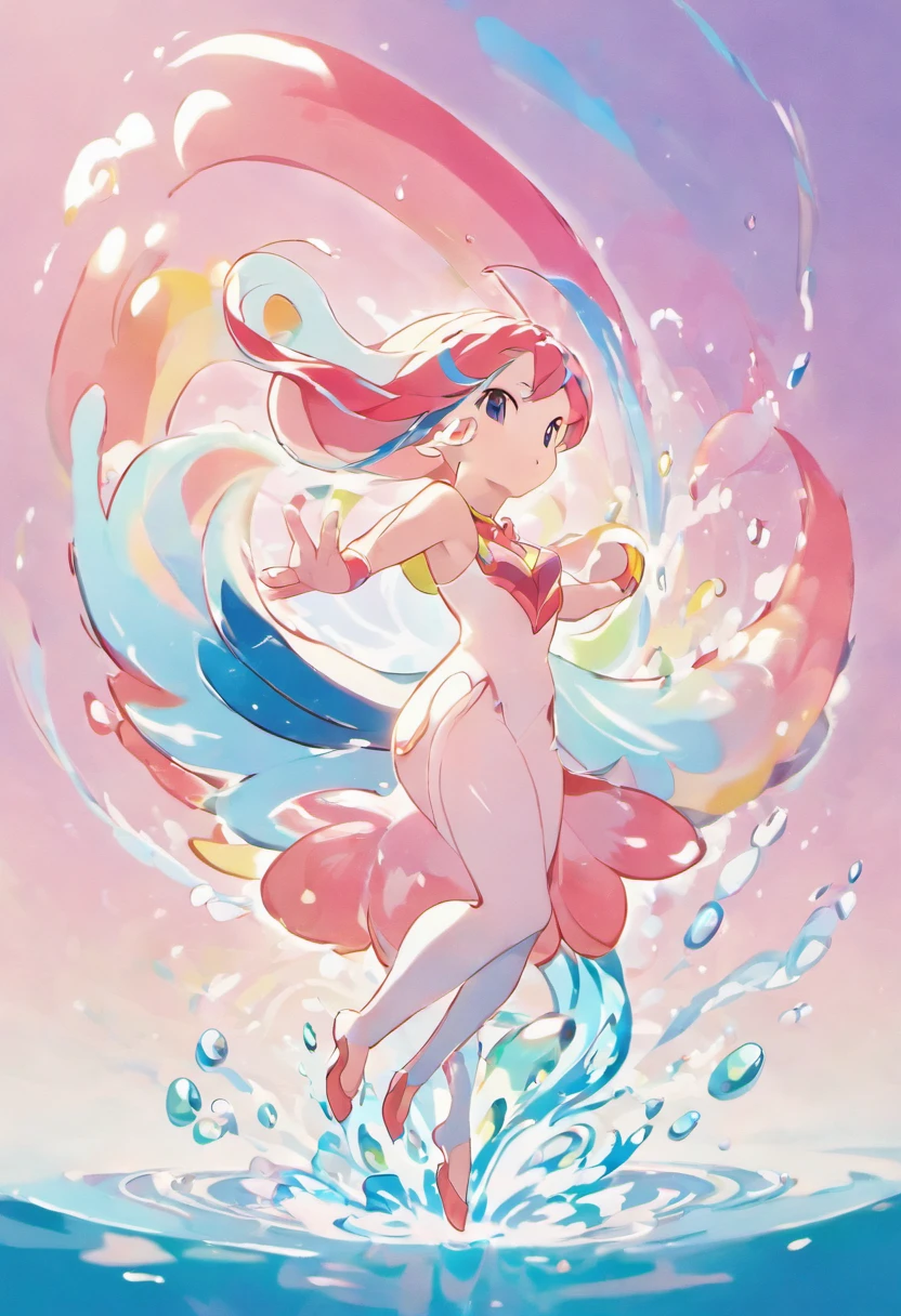 A poignant ultra-high-definition 3D scene showing Milotic dancing with her serpemte body while using her jet of water to create a rainbow above her head in a tranquil lake. Milotic, beautifully rendered in detail with its jet of water coming out of your mouth with a spray of water that creates the refraction that brings out the gorgeous rainbow