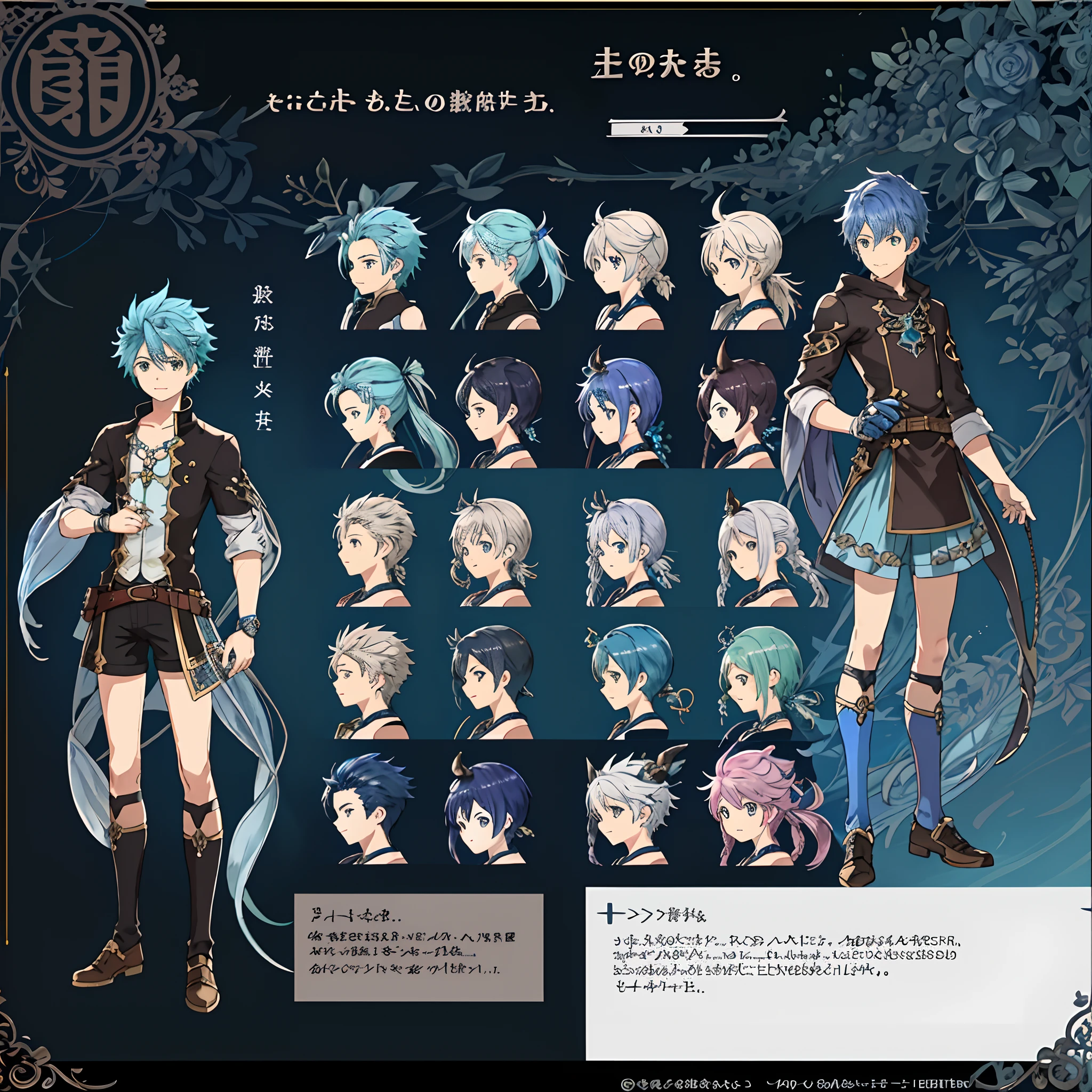 Beautiful detailed character reference sheet, um menino, azul bonito roupas simples , jellyfish motif, iridescente, ultra detalhado, granblue fantasia, visual chave anime, arte do jogo, cores roxas, cabelo roxo, Demon slayer costume, menino macio com orelhas de coelho