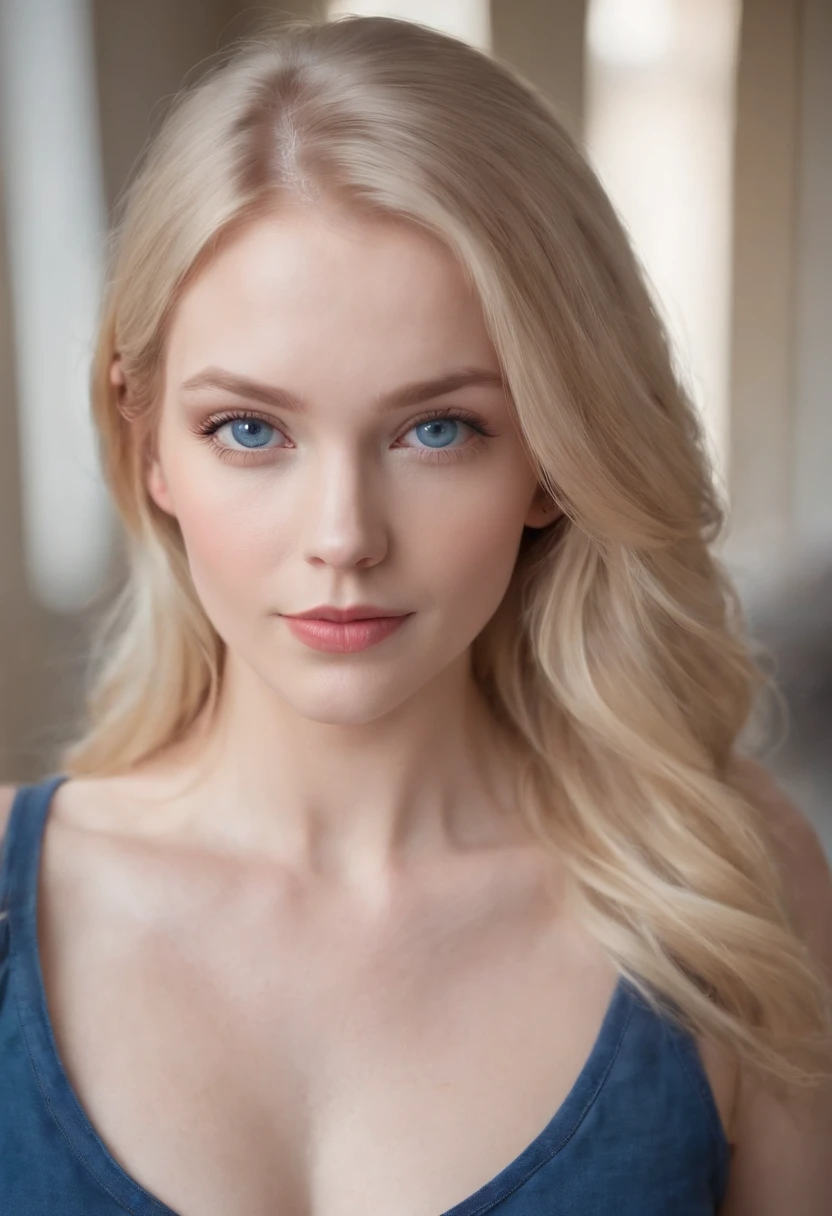 photo of beautiful , medium length blonde hair, blue eyes, detailed eyes, pale skin, looking confident, casual,blue t-shirt, jeans, cleavage,