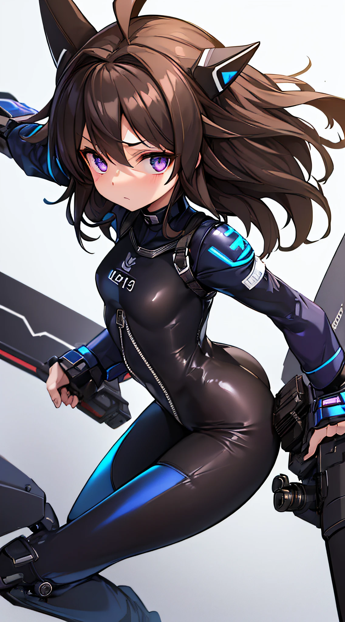 1girl, young girl, solo, a drawing of an android girl, (((loli))), ((short height)), breasts, (((long brown hair))), ((side parted front hair)), ((purple eyes)), shy expression, ((ahoge)), (((((black and dark blue high-leg bodysuit))))), ((fighter pilot harness)), ((fighter pilot gear)), ((((white background)))), (((no lighting))), ((((white room)))), (standing towards viewer), (looking towards viewer), sci-fi, futuristic