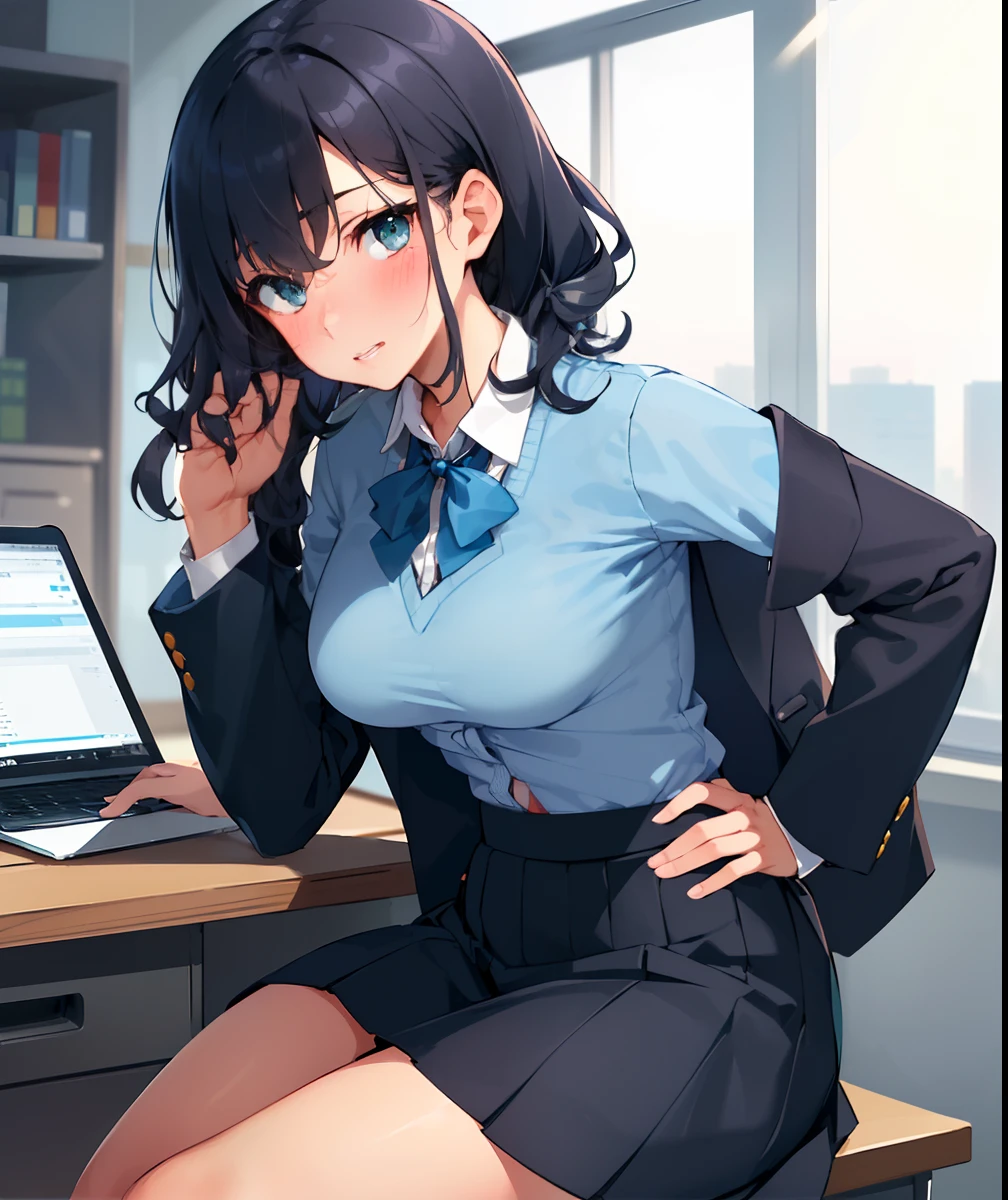(solo, girl, friendly looking buisness woman), best quality, light blue, (buisness suit, skirt, light blue ribbon tie, bow tie in hair), black dyed hair, slightly curly hair, dark green eyes, medium bust, blushing, sitting ontop an office desk, natural lighting, high tech office environment, hands to on sides, leaning over desk