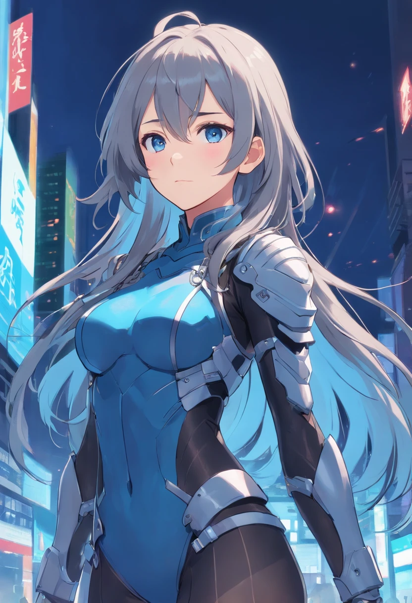 Character Entry Sheet、full bodyesbian、Long gray hair girl in armor、With blue-colored eyes with blue-colored eyes、Has a blank expressionless expression with sleepy eyes、Wearing tights、Wearing high heels、Standing facing the front