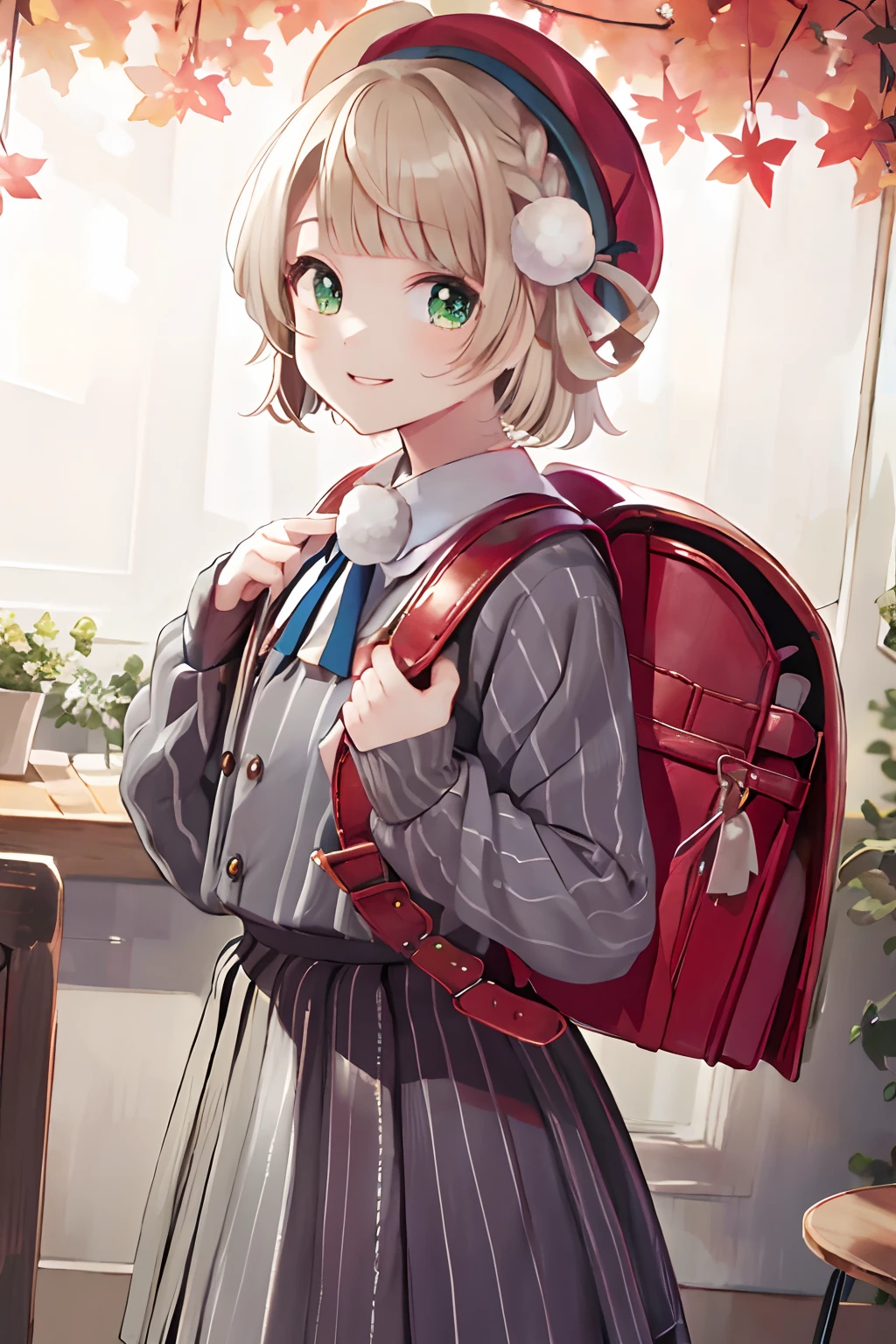 masterpiece, best quality, highres, ui1, 1girl, solo, hair rings, green eyes, pom pom hair ornament, sailor collar, long sleeves, striped jacket, braid, vertical_striped skirt, vertical stripes, beret, cowboy shot, smile, wearing randoseru backpack