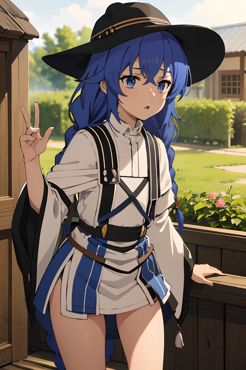 Roxy_Migrudia(mushoku tensei)、1girl, masterpiece、top-quality、Blue eyes、pale crimson blue hair、double big braid, {fullnude}、{gentle}、{calm}、{pubic hair}、{{小柄}}、satori、{Calm}、Viewers are watching、{low angles}, {lowerbody}、{NSFW}, open legs, {{Lewd}}、{Lower grade}、wide-brimmed wizard's hat,