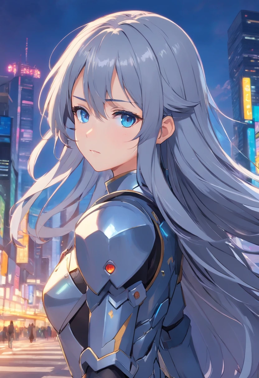 Character Entry Sheet、full bodyesbian、Long gray hair girl in armor、With blue-colored eyes with blue-colored eyes、Has a blank expressionless expression with sleepy eyes、Wearing tights、Wearing high heels