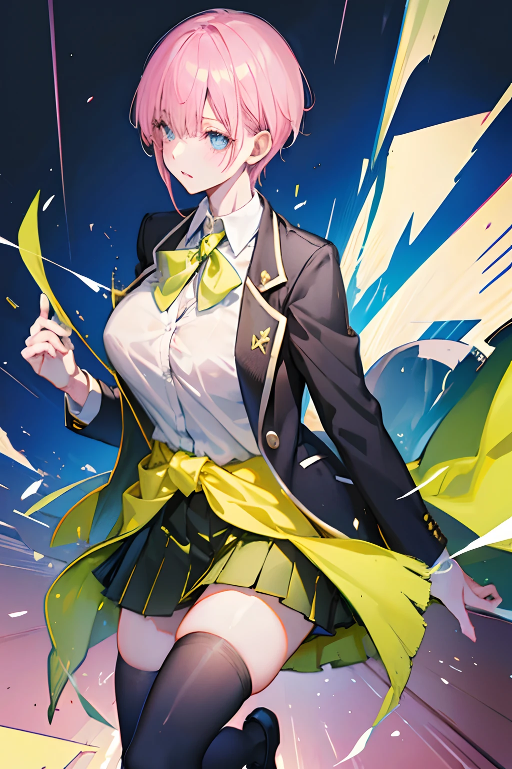 nsfw,large breasts, black blazer,blazer collar in white line, yelliow clothes around waist, ,white shirts,light green skirt,very short socks,open jacket,very short hair, pink hair, short cut, floating,ear, solo,blue eyes,short sideburns
