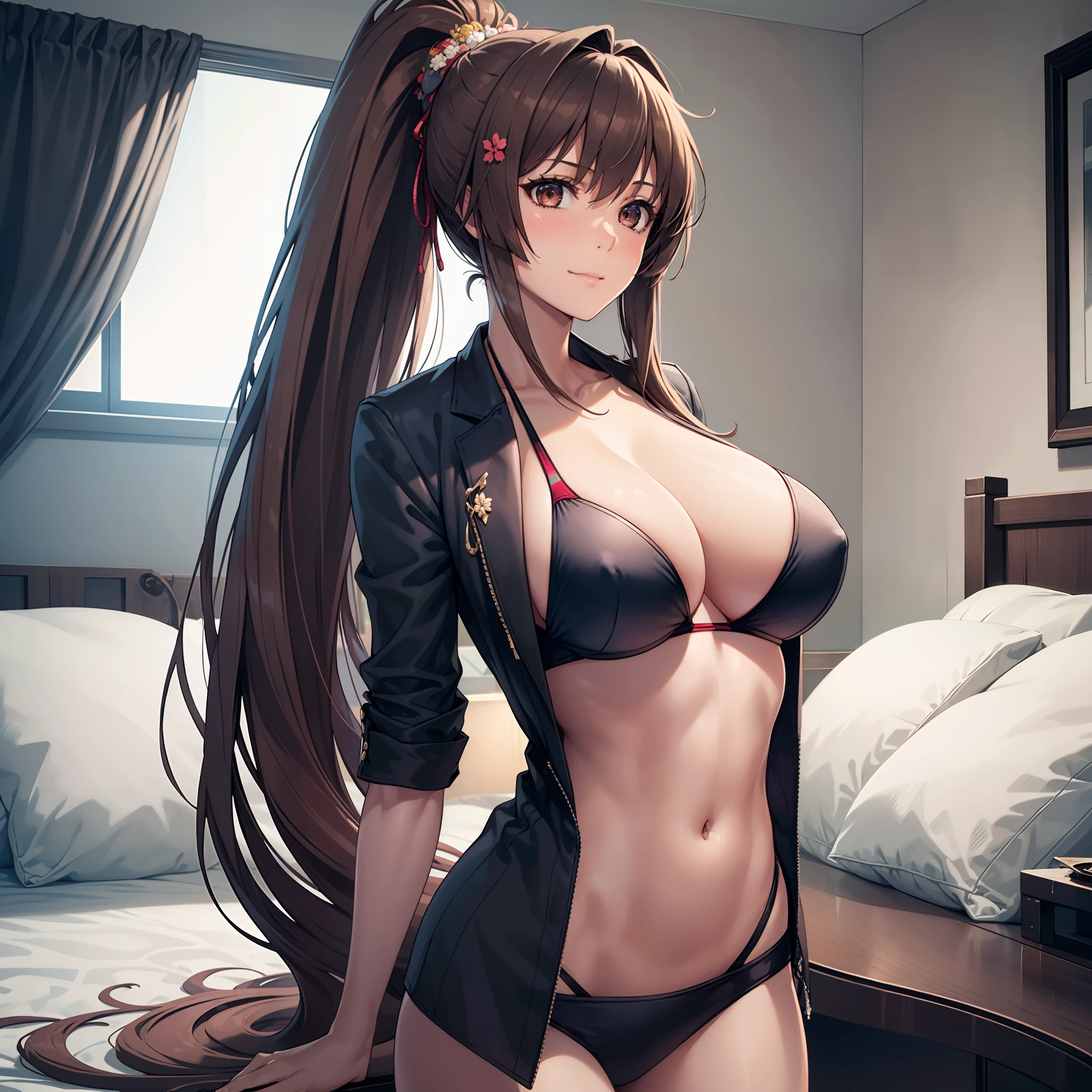 1girl,gigantic breasts,standing in bed,(8k),detailed face,brown hair,brown eyes,very long hair,embarassed,small smile face,ponytail,hair ornament, high_res, high_definition,sexy pose,dark suit, (sexy bikini Custome:1.1),