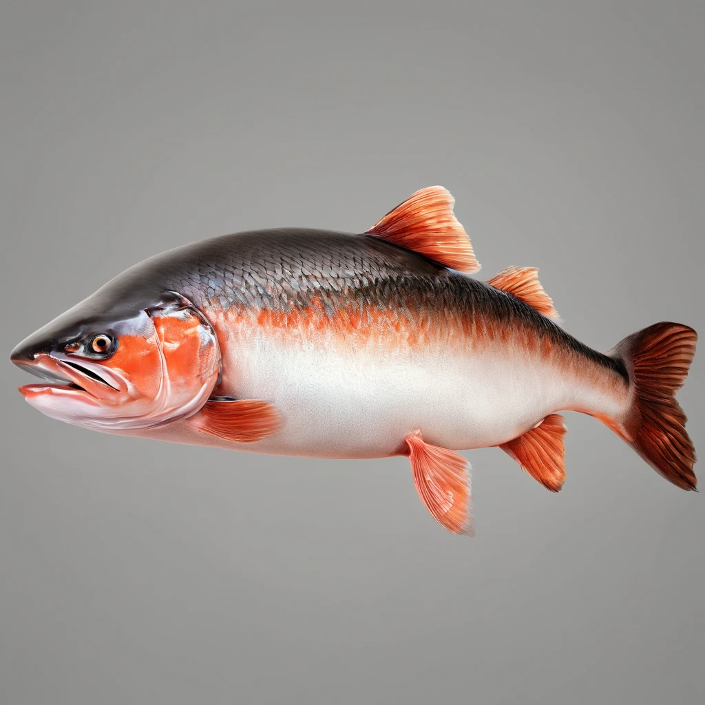There is a fish sitting on a piece of meat, salmon, arctic fish, salmon khoshroo, fishcore, salmon khoshroo, half fish, fish skin, on clear background, proudly holding a salmon, fish in the background, highly detailed product photo, looking off to the side, high quality product photo, filleting technique, female looking, Looks to the side, Dead fish