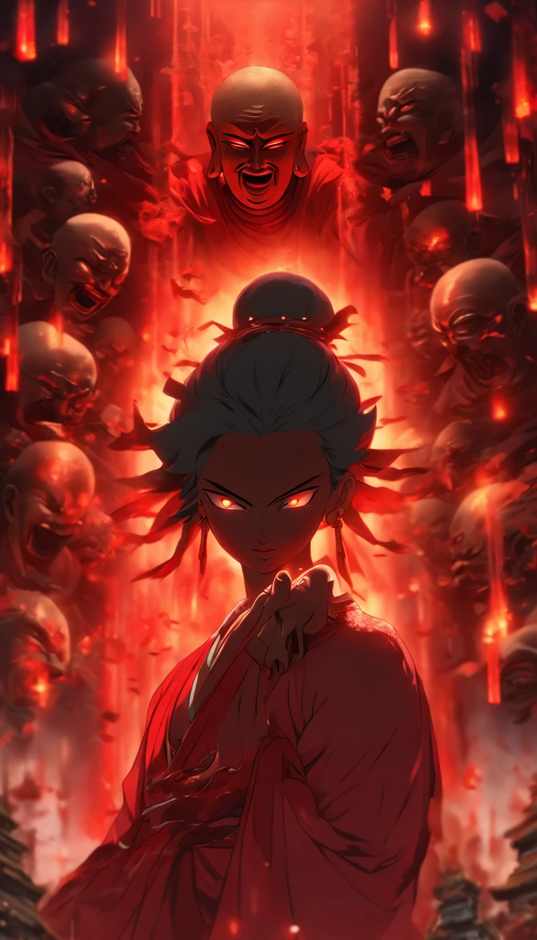 Blood red room, Flashing white TV screen, BUDDHA STATUE, cabelos preto e longos, with hair dishevelled, Cover one eye and face, Bright red eyes, Wearing a white transparent robe, Looming full breasts,liquor,Devil, reaching out her hands,Straighten your body, Red nails are exposed, Pinch the camera, hyper HD, Anatomically correct, Textured skin, Super detail, High details, High quality, A high resolution, 8K, hyper HD, Anatomically correct, Textured skin, Super detail, High details, High quality, Best quality, 8K,Leishnampo,Room 2,Horror