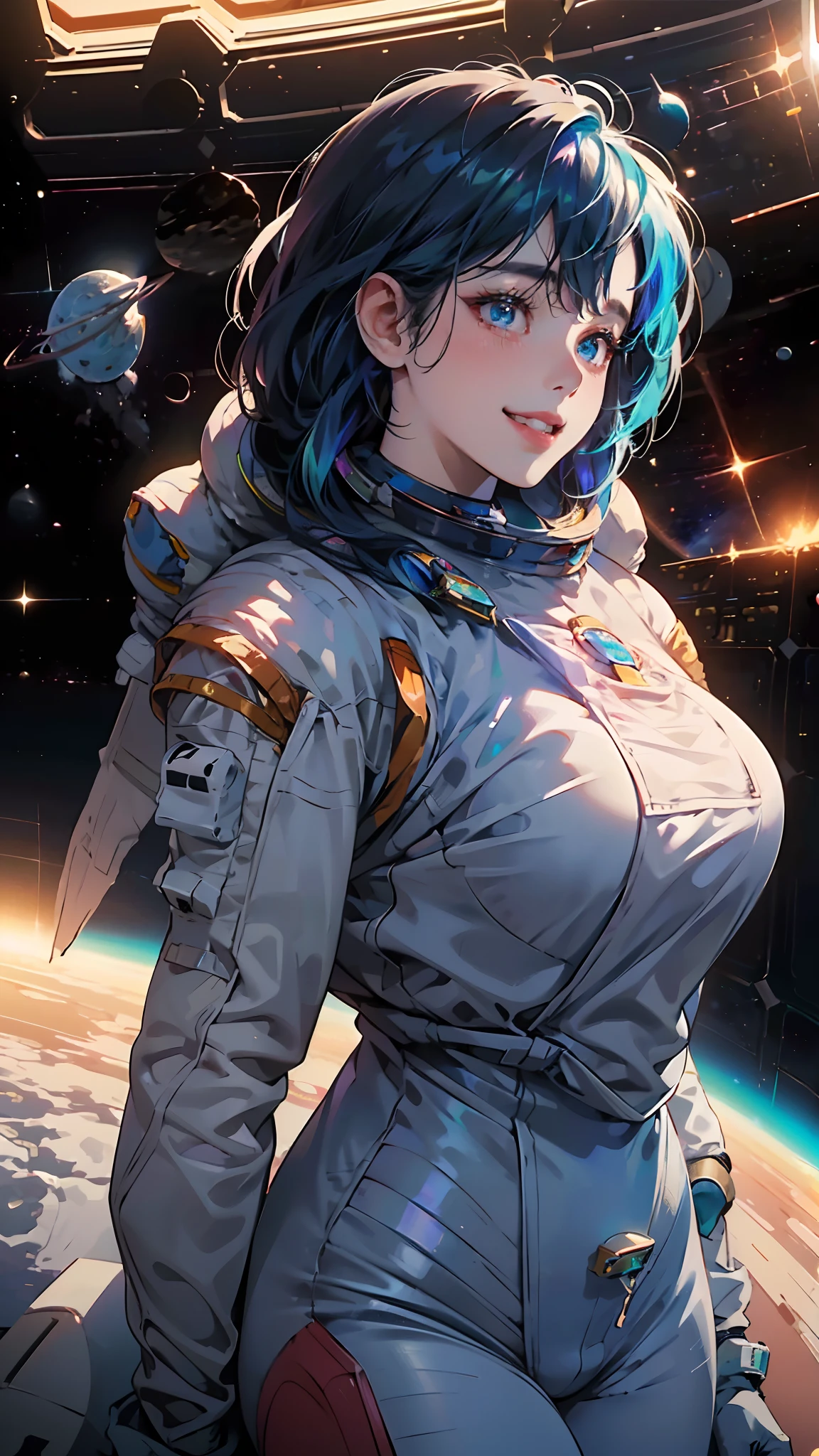 (Innovative spacesuit design)、Create ultra-detailed and futuristic images of beauty astronauts,(Ultra-futuristic design spacesuit) 、(((((Colossal tits)))))、26 year old、(((A slender)))、Earth Eye、((((((Photorealsitic)))))、high-level image quality、Raw photo、8K、((((Iridescent inner hair)))、((((((Work in space))))))、A futuristic space city is in the background、red blush、Shy、Cheerful face