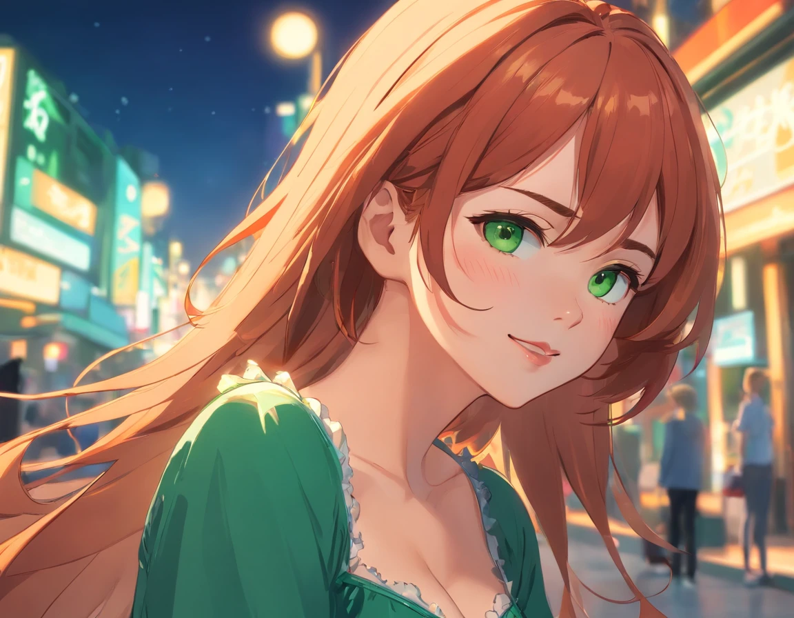 portrait of a beautiful teenager, big breasts, intricate dress, soft smile, red lips, ginger hair, green eyes, realism, digital painting, concept art, smooth, sharp focus, rule of thirds, Style-Psycho