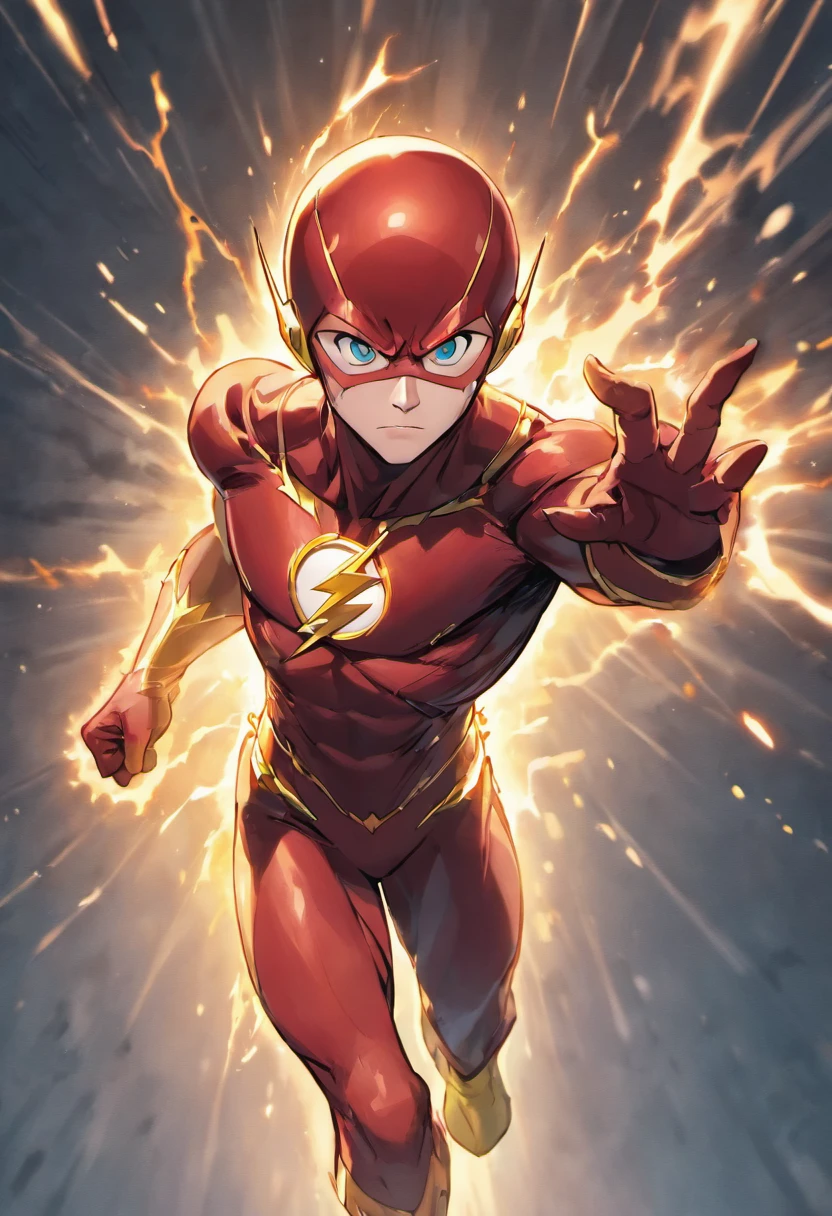 the flash in action, mcu, running pose, ultra detail, 8k, Jim Lee's Artstyle, DC comics, seen from the front, cold face, hunk, tall
