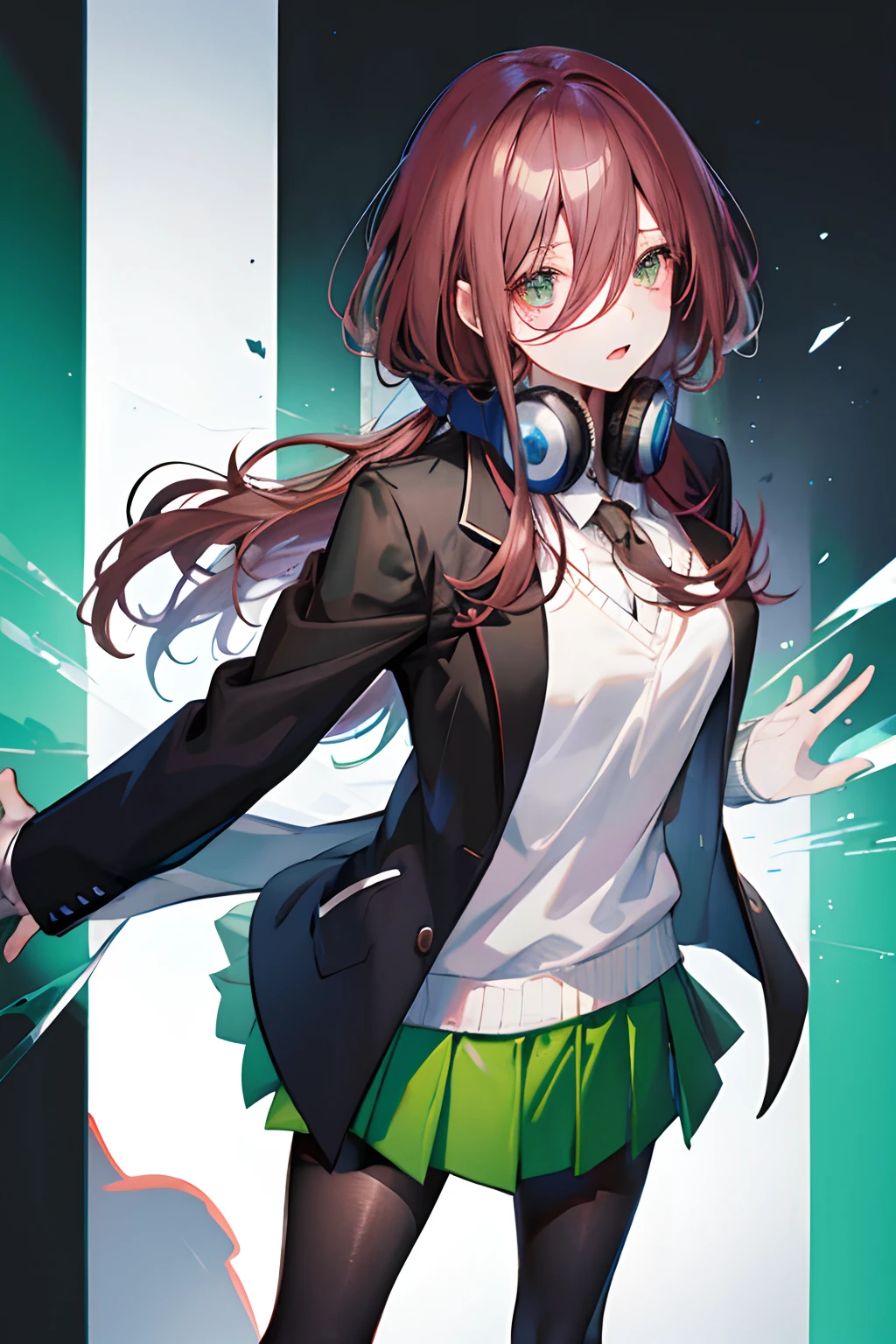 nsfw,black jacket,blazer,blazer in white line,green skirt,white shirts,aqua sweater,black tights , headphones around neck, pinkbrown hair,long hair, hair over right eye, Jig eyes,big bast,Top image quality,Masterpiece,Best Quality