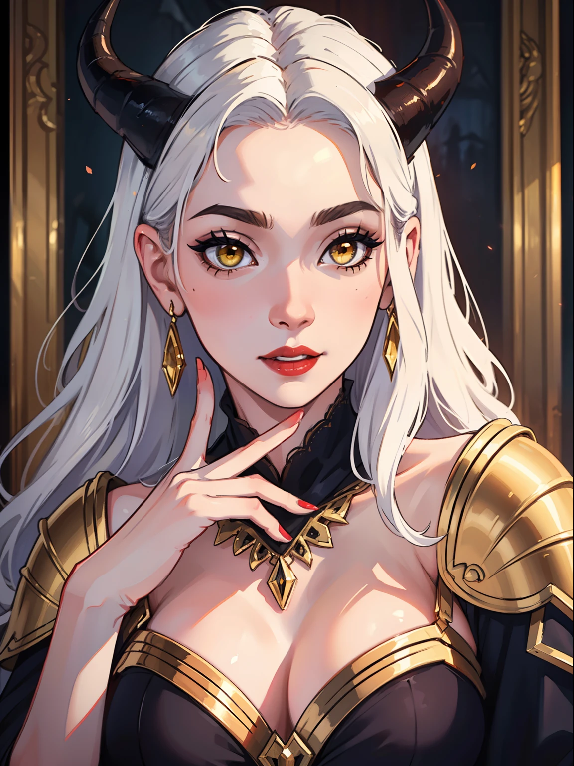 (best quality,4k,8k,highres,masterpiece:1.2),ultra-detailed,(realistic,photorealistic,photo-realistic:1.37),gorgeous woman,devilish horns,golden yellow eyes,flowing white hair,medieval clothing,elaborate outfits,pale skin,ethereal beauty,long finger nails,delicate facial features,dazzling smile,graceful posture,dark magical aura,radiant complexion,enchanting presence,hypnotic gaze,dark red lips,mysterious charm.