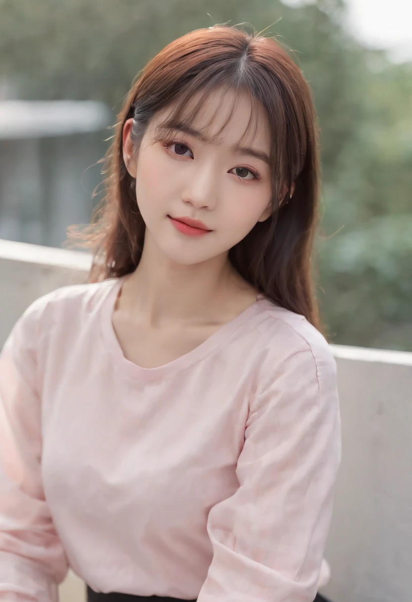 top-quality, Photorealsitic, masterpiece, 8K, Hi-Res, 独奏, 1girl, (((infp young woman))),sixteen years old、full bodyesbian、(small tits), ((Look at viewers)), (look at a camera), ((Various hairstyles close to long))、Perfect straight black hair、With bangs、 (profetional lighting), Highly detailed bright face、Gentle Japan girl、Nice smiling face、Pink T-shirt(long-sleeve)、Checked pleated skirt、Standing in the room