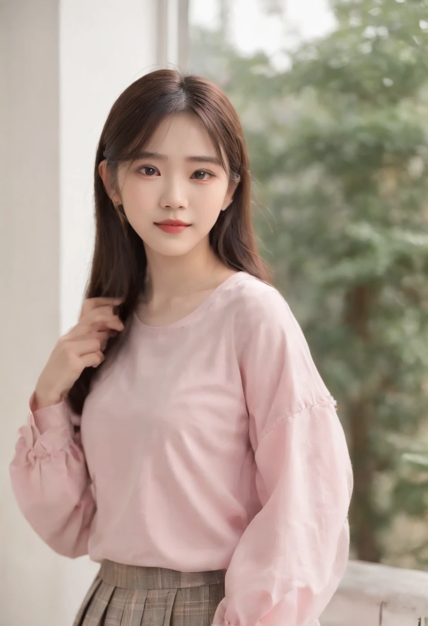 top-quality, Photorealsitic, ​masterpiece, 8K, Hi-Res, 独奏, 1girl, (((infp young woman))),sixteen years old、full bodyesbian、(small tits), ((Look at viewers)), (look at a camera), ((Various hairstyles close to long)）、Perfect straight black hair、With bangs、 (profetional lighting), Highly detailed bright face、Gentle Japan girl、Nice smiling face、Pink T-shirt（long-sleeve）、Checked pleated skirt、Standing in the room