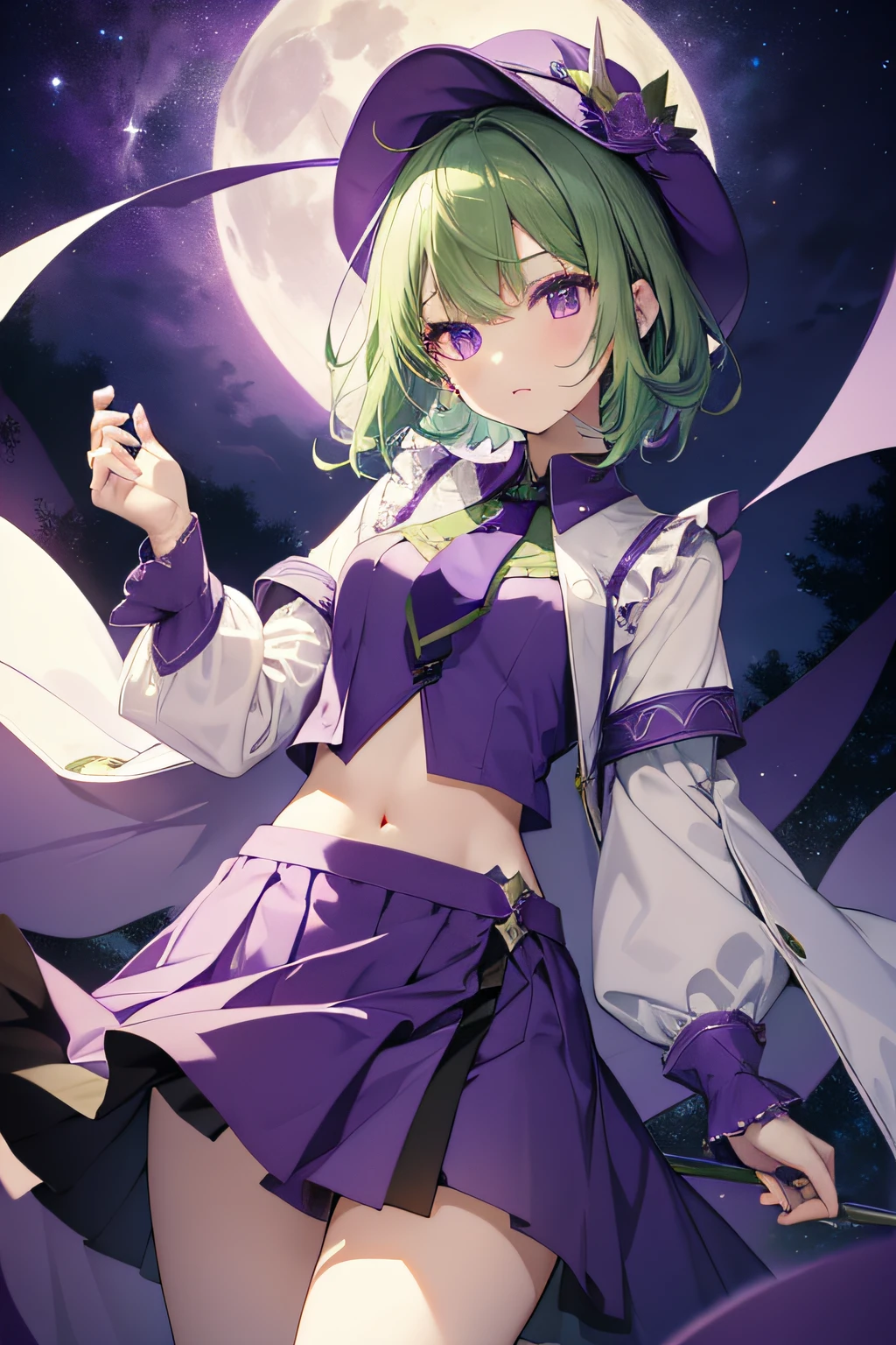 top-quality、extremely delicate and beautiful、(A  girl)、Purple Eye、Green hair、short-haired、(Purple pointy hat)、Purple tie、Soio、shortsleeves、Purple skirt、Purple Wizard Robe、Navel、is standing、Full moon night on background