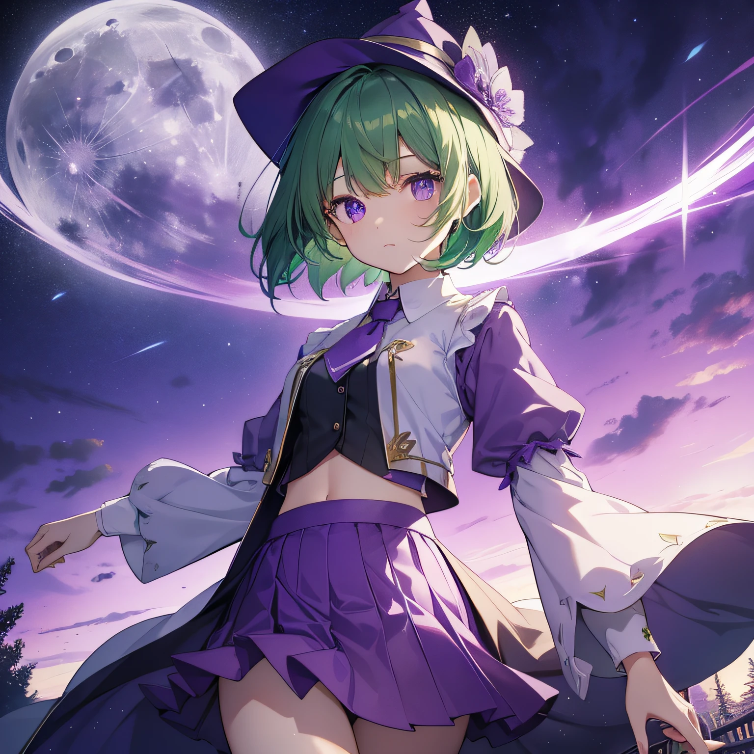 top-quality、extremely delicate and beautiful、(A  girl)、Purple Eye、Green hair、short-haired、(Purple pointy hat)、Purple tie、Soio、shortsleeves、Purple skirt、Purple Wizard Robe、Navel、is standing、Full moon night on background